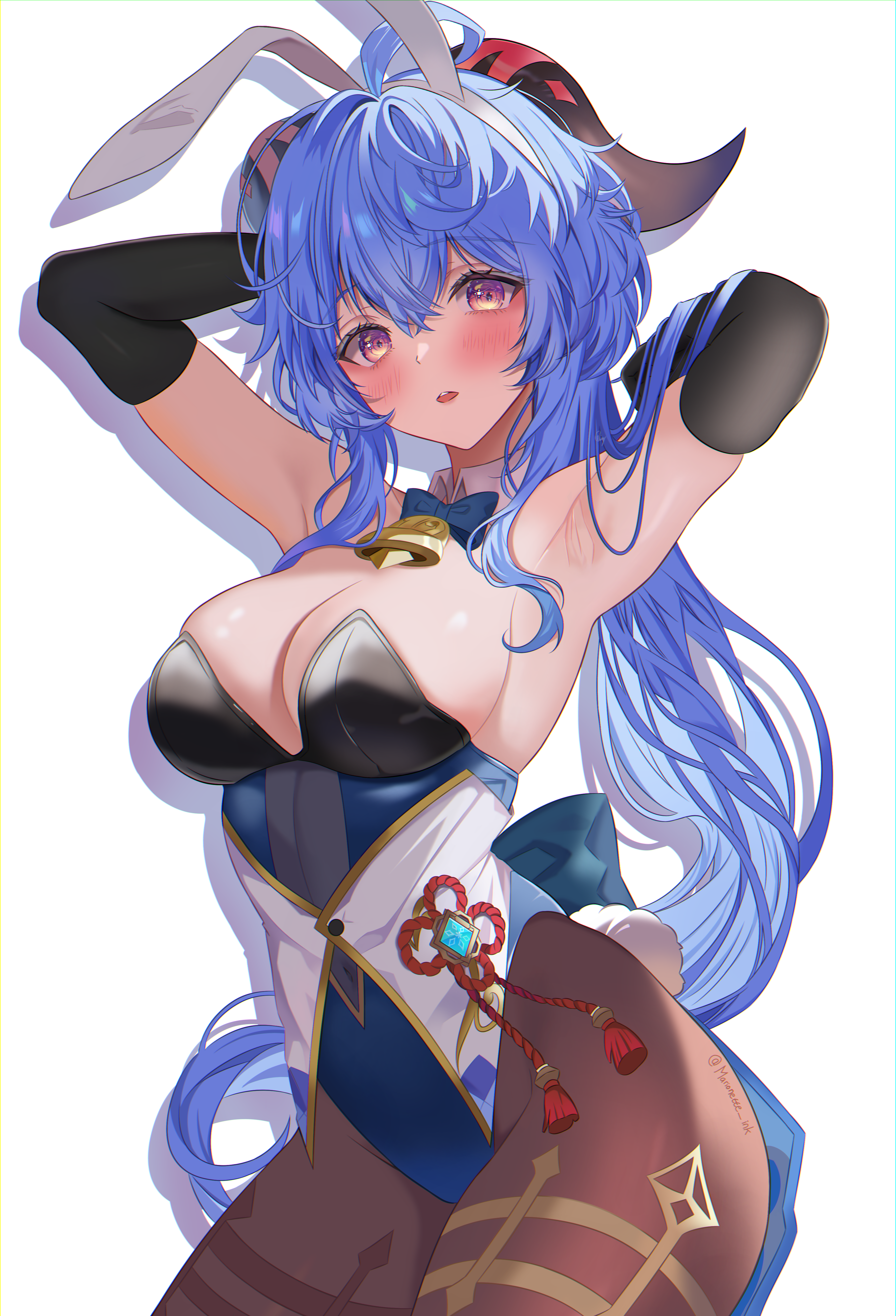 marion (marionette ink), ganyu (genshin impact), genshin impact, absurdres, commentary, commission, english commentary, highres, 1girl, adapted costume, animal ear hairband, animal ears, armpits, arms behind head, black gloves, black pantyhose, blue hair, blush, breasts, cleavage, cryo symbol (genshin impact), elbow gloves, fake animal ears, gloves, goat horns, hair between eyes, hairband, horns, large breasts, leotard, long hair, looking at viewer, pantyhose, parted lips, purple eyes, rabbit ears, solo, strapless, strapless leotard, tassel, very long hair, vision (genshin impact), white hairband