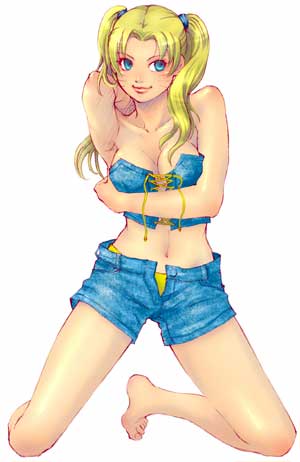 naruko (naruto), uzumaki naruto, naruto (classic), naruto (series), artist request, lowres, 1girl, arm behind head, arm under breasts, arm up, bare arms, bare shoulders, barefoot, blonde hair, blue eyes, blue shorts, breasts, bustier, cleavage, closed mouth, collarbone, facial mark, facing viewer, female focus, full body, genderswap, genderswap (mtf), hair tie, happy, kneeling, long hair, looking to the side, medium breasts, midriff, navel, no bra, open clothes, open fly, open shorts, panties, sexy no jutsu, shorts, simple background, sitting, smile, solo, twintails, unbuttoned, underwear, unzipped, whisker markings, whiskers, white background, yellow panties