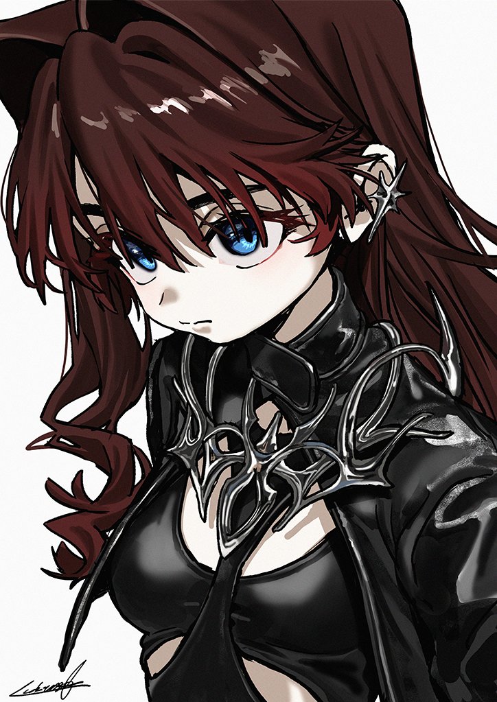 luicent, elisia valfelto, original, 1girl, black jacket, blue eyes, breasts, brown hair, ear piercing, expressionless, hair intakes, jacket, long hair, pale skin, piercing, small breasts, solo, upper body