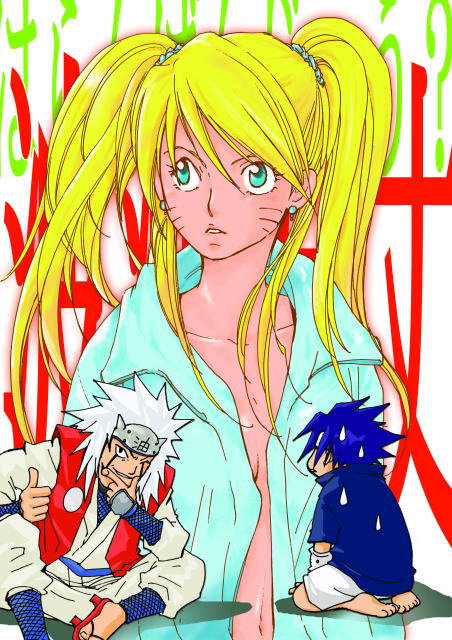 jiraiya (naruto), naruko (naruto), uchiha sasuke, uzumaki naruto, naruto (classic), naruto (series), artist request, 1girl, 2boys, age difference, alternate eye color, alternate hair color, aqua eyes, barefoot, belt, black eyes, blonde hair, blue hair, blue shirt, breasts, breasts apart, collarbone, earrings, facial mark, facing another, facing viewer, fishnet top, fishnets, forehead protector, full body, genderswap, genderswap (mtf), geta, green eyes, grin, hair between eyes, hair tie, hands up, happy, headband, hetero, japanese clothes, japanese text, jewelry, kimono, kneeling, leg up, long hair, long sleeves, looking at another, looking at viewer, looking to the side, medium breasts, multiple boys, navel, no bra, one eye closed, open clothes, open shirt, pants, parted lips, red vest, sandals, seiza, sexy no jutsu, shadow, shirt, short hair, short sleeves, shorts, sitting, smile, spiked hair, sweat, sweatdrop, teacher and student, teeth, thumbs up, twintails, upper body, vest, whisker markings, whiskers, white hair, wink
