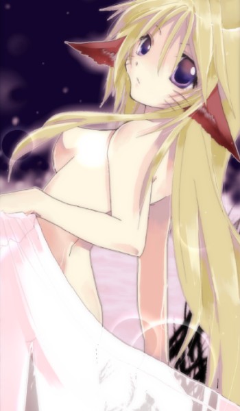 naruko (naruto), uzumaki naruto, naruto (classic), naruto (series), artist request, 1girl, animal ears, bed sheet, blonde hair, blue eyes, breasts, closed mouth, facial mark, facing viewer, female focus, floating hair, fox ears, fox girl, from side, genderswap, genderswap (mtf), hair between eyes, hand up, holding, holding sheet, long hair, looking at viewer, looking back, naked sheet, no bra, nude, sexy no jutsu, small breasts, solo, standing, very long hair, whisker markings, whiskers