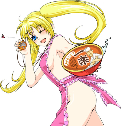 boo!king, naruko (naruto), teuchi (naruto), uzumaki naruto, naruto (classic), naruto (series), timer, lowres, translation request, 1boy, 1girl, ahoge, apron, ass, bare arms, blonde hair, blue eyes, blush, bowl, breasts, crossed arms, female focus, floating hair, food, frilled apron, frills, genderswap, genderswap (mtf), hand up, happy, hat, heart, holding, instant noodles, japanese text, long hair, looking to the side, medium breasts, naked apron, noodles, one eye closed, open mouth, pink apron, ramen, sexy no jutsu, simple background, smile, solo, stopwatch, tongue, twintails, waitress, walking, watch, white background, wink