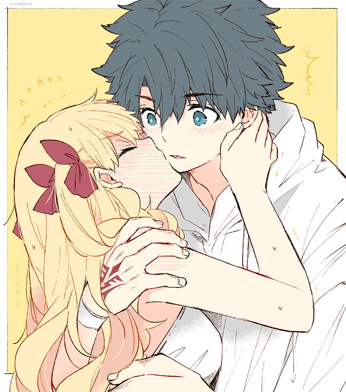 azumi (myameco), ereshkigal (fate), ereshkigal (swimsuit beast) (fate), fujimaru ritsuka (male), fate/grand order, fate (series), 1boy, 1girl, black hair, blonde hair, blue eyes, blush, closed eyes, command spell, full-face blush, hair ribbon, hetero, kiss, long hair, one-piece swimsuit, red ribbon, ribbon, short hair, simple background, swimsuit, yellow background