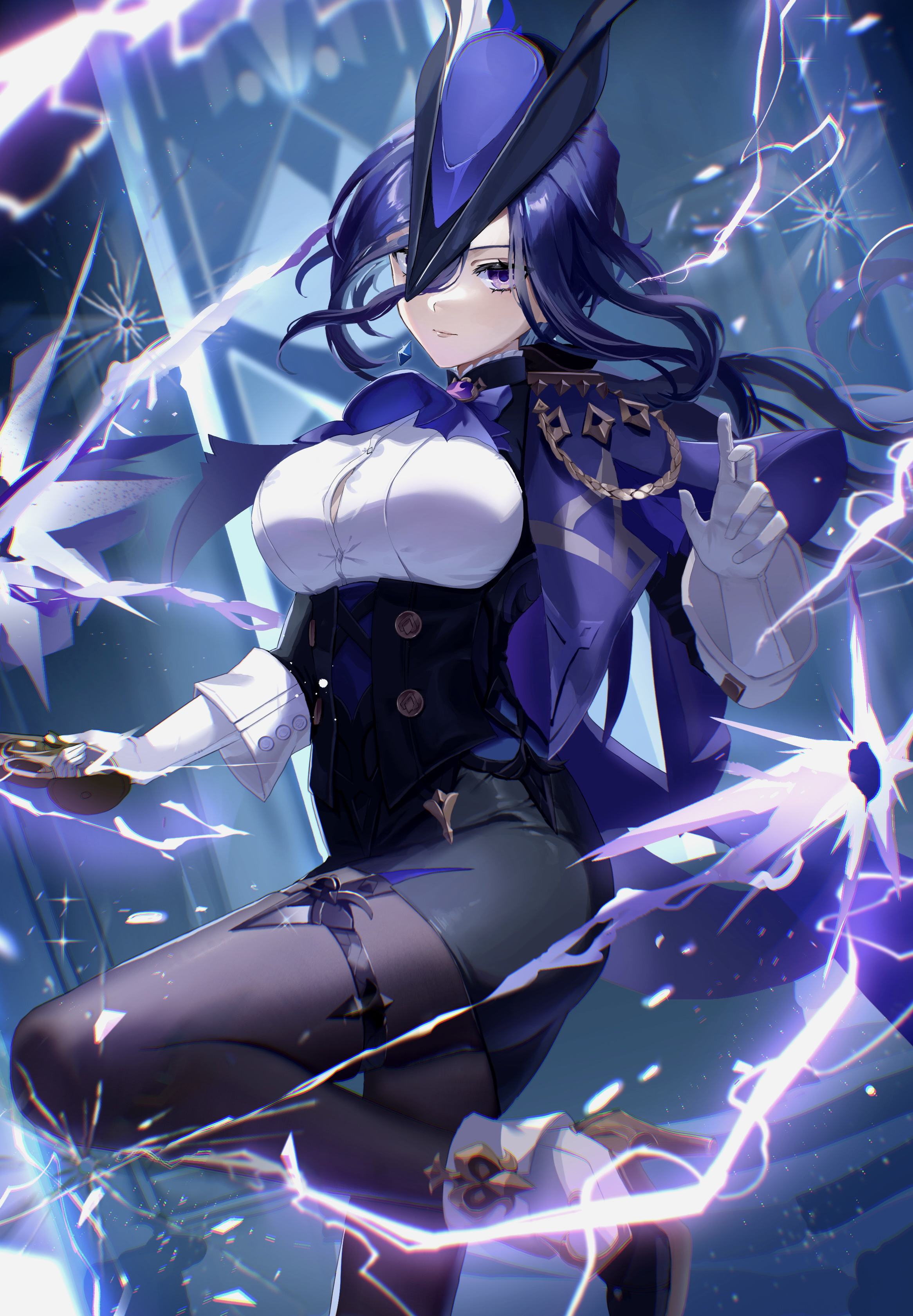 turyee0322, clorinde (genshin impact), genshin impact, absurdres, commentary, highres, revision, 1girl, ascot, black corset, black pantyhose, breasts, button gap, closed mouth, corset, electricity, epaulettes, fold-over gloves, framed breasts, gloves, gun, hair between eyes, hat, high-waist skirt, high heels, holding, holding gun, holding weapon, large breasts, leg up, long hair, long hair between eyes, looking at viewer, magic, medium breasts, pantyhose, pencil skirt, purple ascot, purple eyes, purple hair, shirt, skirt, solo, taut clothes, taut shirt, tricorne, weapon, white gloves, white shirt