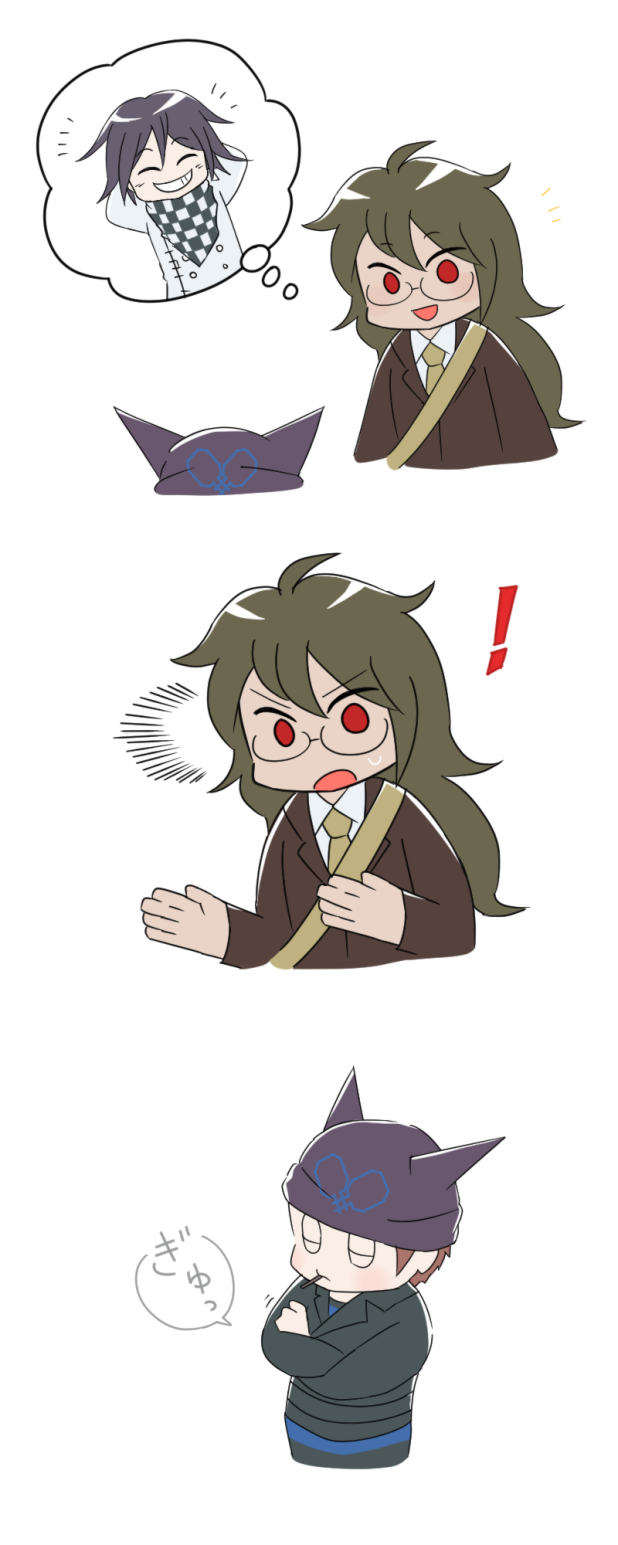 gokuhara gonta, hoshi ryoma, oma kokichi, danganronpa (series), danganronpa v3: killing harmony, commentary request, highres, translation request, !, 2boys, bag, beanie, belt, black belt, black hat, black jacket, black pants, blazer, blue pants, brown hair, brown jacket, cigarette, closed eyes, closed mouth, collared jacket, collared shirt, cropped legs, cropped torso, crossed arms, dark-skinned male, dark skin, expressionless, fake horns, glasses, green hair, green necktie, hair between eyes, hands up, happy, hat, height difference, horned headwear, horns, jacket, lapels, leather, leather jacket, light blush, long hair, looking at another, messy hair, mouth hold, multiple boys, necktie, newtype flash, notched lapels, notice lines, open mouth, pants, print headwear, r'l (arul-erur-plant-403), red eyes, round eyewear, sequential, shirt, short hair, short male, shoulder bag, simple background, smile, speech bubble, spoken character, standing, surprised, thought bubble, two-tone pants, very long hair, white background, white shirt