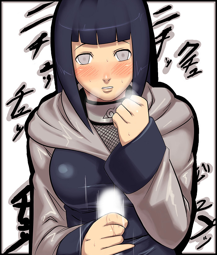 sawao, hyuuga hinata, naruto (classic), naruto (series), 1girl, blush, breasts, cleavage, handjob, penis, pinky out, solo focus, sweat, white eyes