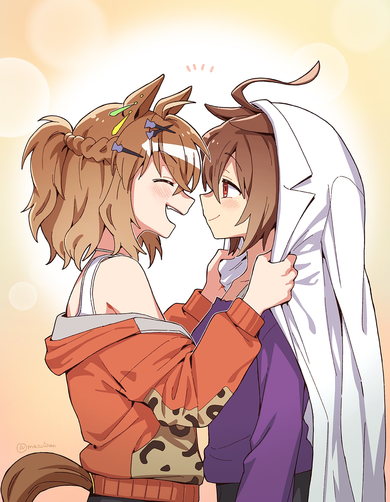 mazu1kan, agnes tachyon (casual) (umamusume), agnes tachyon (umamusume), jungle pocket (casual) (umamusume), jungle pocket (umamusume), umamusume, commentary, highres, 2girls, ahoge, animal ears, artist name, blush, braid, brown hair, closed eyes, closed mouth, clothes grab, dated commentary, hair ornament, half up braid, hands up, happy, horse ears, horse girl, horse tail, jacket, long bangs, long sleeves, looking at viewer, medium hair, multiple girls, off shoulder, open mouth, orange jacket, purple shirt, red eyes, shirt, shirt grab, smile, tail, unworn shirt, white shirt