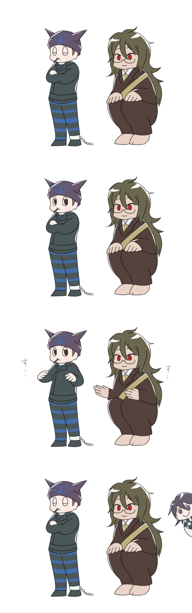 gokuhara gonta, hoshi ryoma, oma kokichi, danganronpa (series), danganronpa v3: killing harmony, commentary request, highres, 3boys, bag, barefoot, beanie, belt, black belt, black eyes, black hat, black jacket, black pants, black scarf, black shirt, black shoes, blazer, blue pants, blue shirt, blush stickers, brown hair, brown jacket, brown pants, brown suit, checkered clothes, checkered scarf, cigarette, closed eyes, closed mouth, collared jacket, collared shirt, crossed arms, cuffs, dark-skinned male, dark skin, dress shoes, expressionless, fake horns, formal clothes, frown, full body, glasses, green hair, green necktie, hair between eyes, half-closed eyes, hands on own knees, happy, hat, height difference, horned headwear, horns, jacket, lapels, leather, leather jacket, long hair, looking at another, male focus, messy hair, mouth hold, multiple boys, necktie, notched lapels, pants, print headwear, purple eyes, purple hair, r'l (arul-erur-plant-403), red eyes, round eyewear, scarf, sequential, shackles, shirt, shoes, short hair, short male, shoulder bag, simple background, single ankle cuff, smile, squatting, standing, striped clothes, striped pants, striped shirt, suit, sweatdrop, two-tone pants, two-tone scarf, two-tone shirt, upper body, v-neck, very long hair, white background, white jacket, white scarf, white shirt