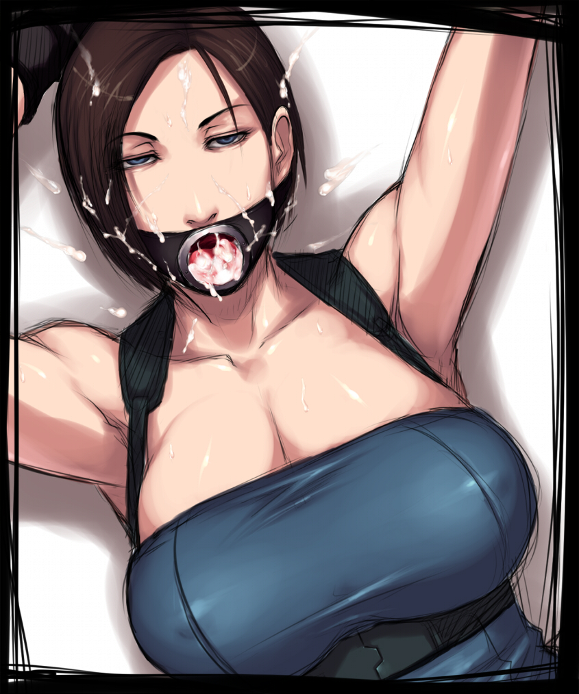 sawao, jill valentine, capcom, resident evil, resident evil 3: nemesis, bad hentai-foundry id, bad id, 1girl, aftersex, ahegao, armpits, bad end, bdsm, blue eyes, bondage, bound, breasts, brown hair, cleavage, covered erect nipples, cum, cum in mouth, cum on body, cum on hair, cum on tongue, empty eyes, facial, female focus, fucked silly, gag, gagged, game over, huge breasts, open mouth, oral, parted bangs, rape, ring gag, shiny clothes, short hair, skin tight, solo