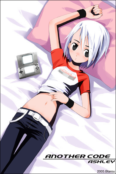 ashley mizuki robbins, another code, cing, 1girl, bed, belt, black eyes, female focus, handheld game console, lying, midriff, nintendo ds, raglan sleeves, short hair, solo, white hair, wristband