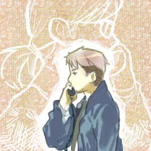 kyle hyde, rachel (hotel dusk), cing, hotel dusk, silver hair, lowres, 1boy, 1girl, formal clothes, glasses, necktie, phone, ponytail, short hair, sketch, suit