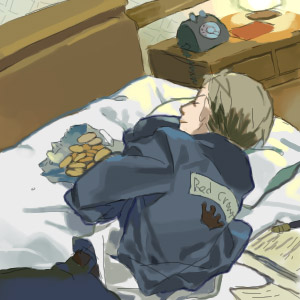 kyle hyde, cing, hotel dusk, lowres, 1boy, chips (food), food, male focus, potato chips, sleeping, solo