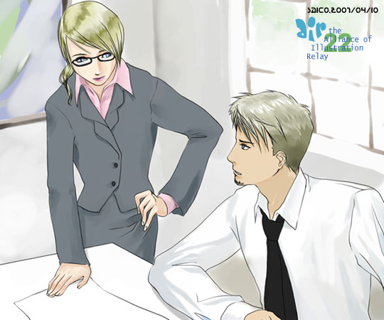 kyle hyde, rachel (hotel dusk), cing, hotel dusk, silver hair, 1boy, 1girl, blonde hair, blue eyes, business suit, facial hair, formal clothes, glasses, goatee, hand on own hip, lipstick, makeup, necktie, pencil skirt, short hair, skirt, suit, window