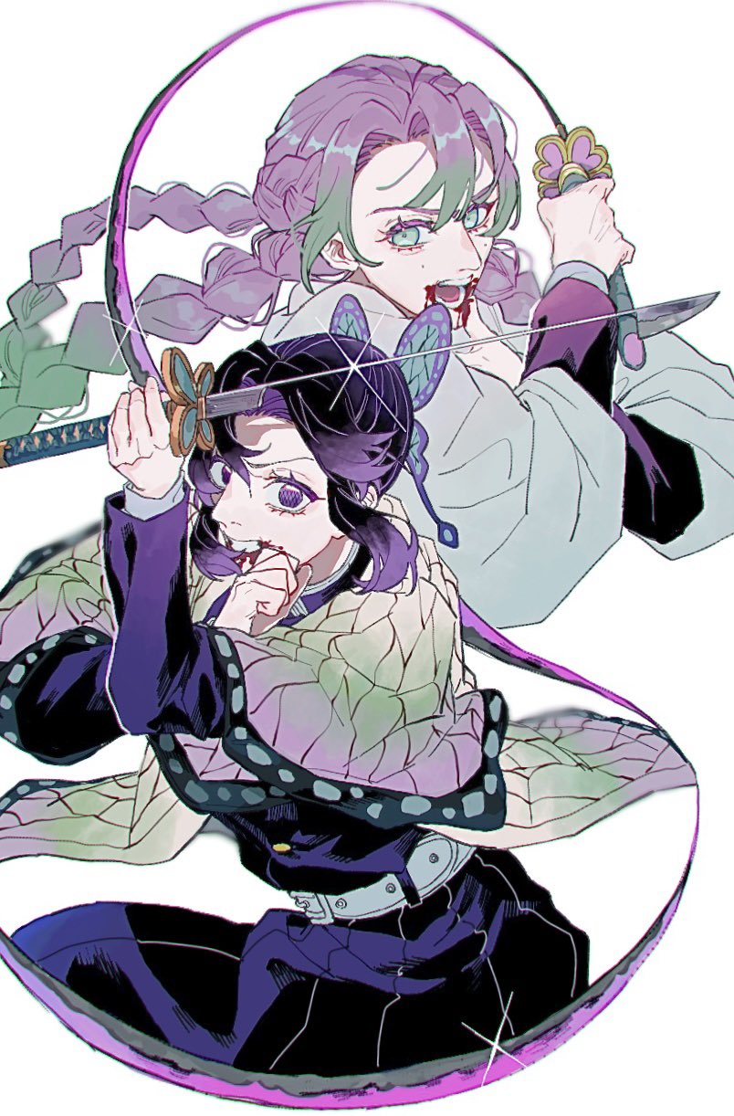 kanroji mitsuri, kochou shinobu, kimetsu no yaiba, highres, 2girls, animal print, bug, butterfly, butterfly hair ornament, butterfly print, checkered haori, demon slayer uniform, flower, gradient hair, hair ornament, haori, insect, japanese clothes, kendama 01, multicolored hair, multiple girls, print haori, purple butterfly, sword writing, wisteria