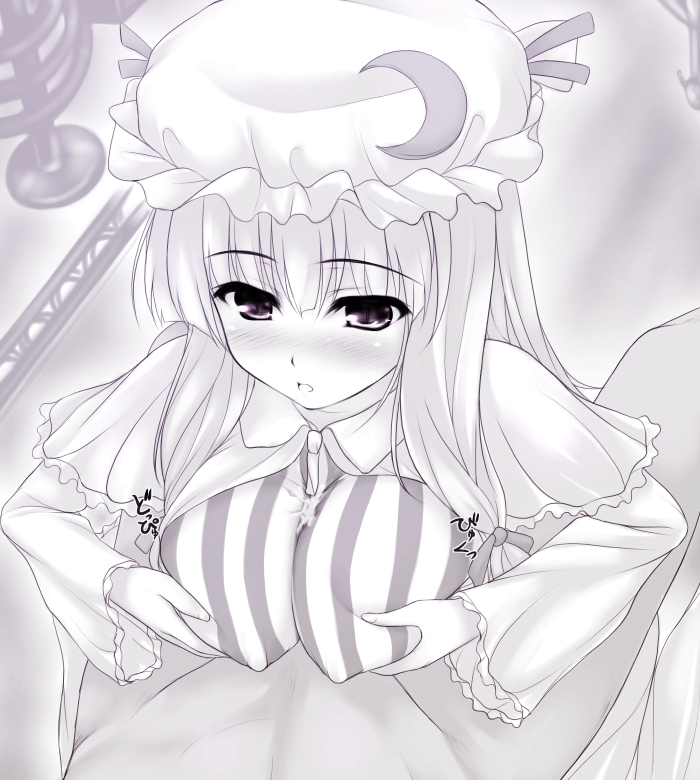 uni8, patchouli knowledge, touhou, 1girl, blush, breasts, crescent, crescent hat ornament, cum, grabbing another's breast, grabbing own breast, greyscale, groping, hat, hat ornament, large breasts, long hair, monochrome, paizuri, paizuri over clothes, penis, solo focus