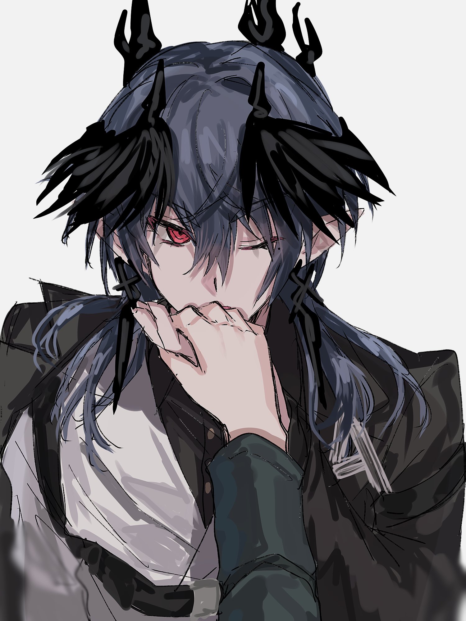 aogisa, logos (arknights), arknights, commentary, highres, symbol-only commentary, 1boy, 1other, ambiguous gender, black gloves, black hair, black horns, black jacket, black wings, covered mouth, demon boy, demon horns, demon wings, earrings, expressionless, feathered wings, gloves, grey background, hair between eyes, head wings, holding hands, horns, jacket, jewelry, kiss, kissing hand, long hair, long sleeves, looking at viewer, male focus, mob x character, mole, mole under eye, one eye closed, other with male, pointy ears, pov, pov hands, red eyes, shirt, simple background, solo focus, upper body, v-shaped eyebrows, white shirt, wings