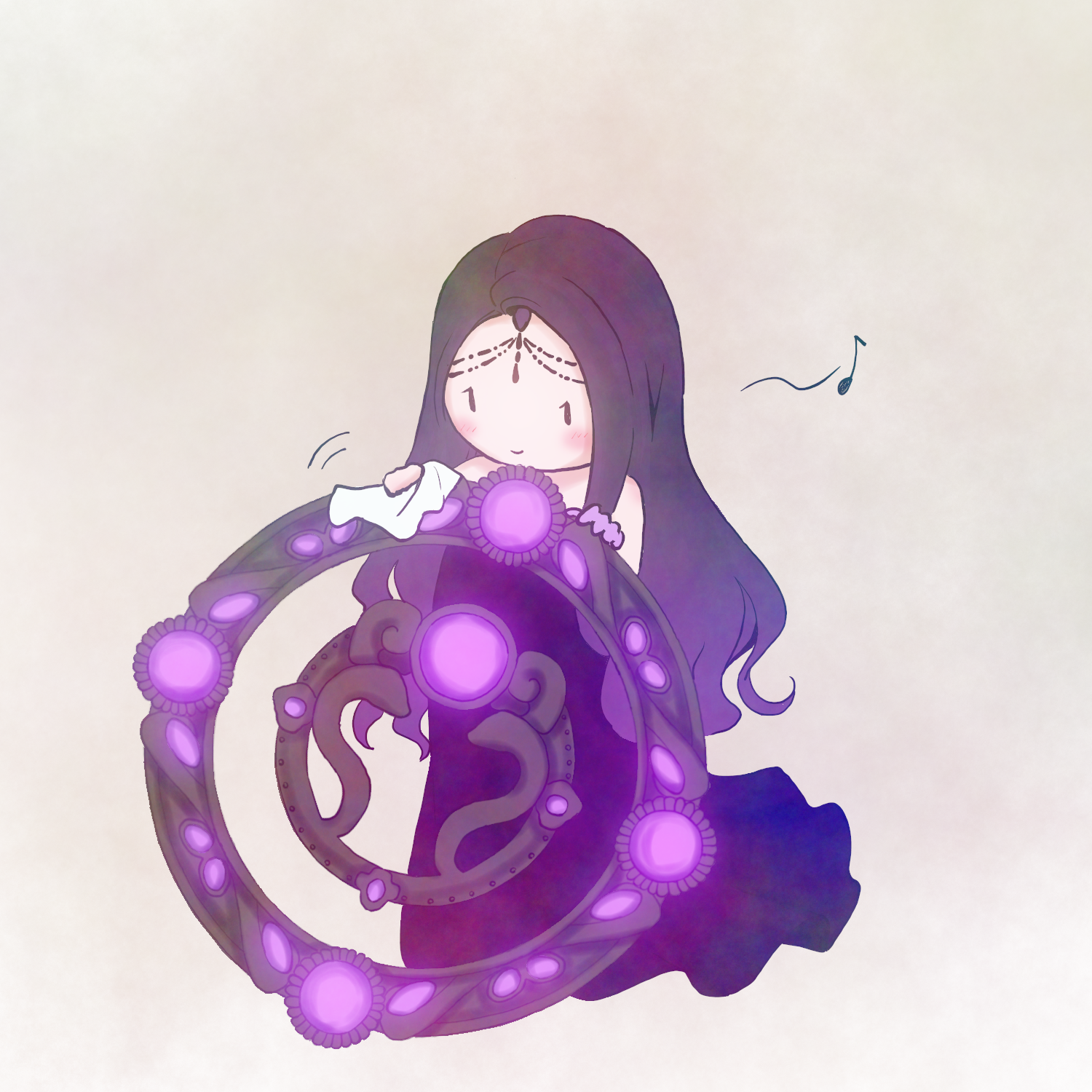 belusyuta, character request, commentary request, highres, 1girl, bare shoulders, black dress, black hair, blush, chibi, cleaning rag, dress, forehead jewel, jewelry, musical note, simple background, smile, solo, throne and liberty