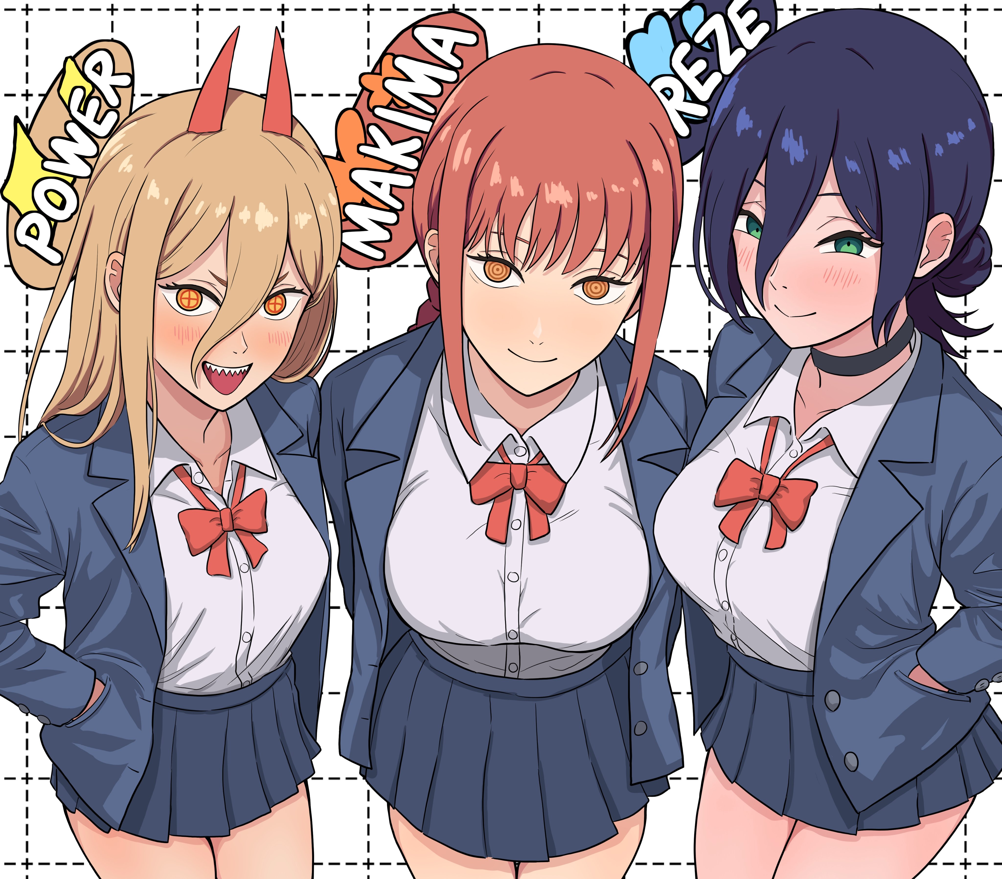 yoshikirino, makima (chainsaw man), power (chainsaw man), reze (chainsaw man), chainsaw man, absurdres, highres, 3girls, black choker, black hair, blonde hair, character name, choker, green eyes, grenade pin, hair bun, multiple girls, pull cord, red hair, ringed eyes, school uniform, single hair bun, skirt