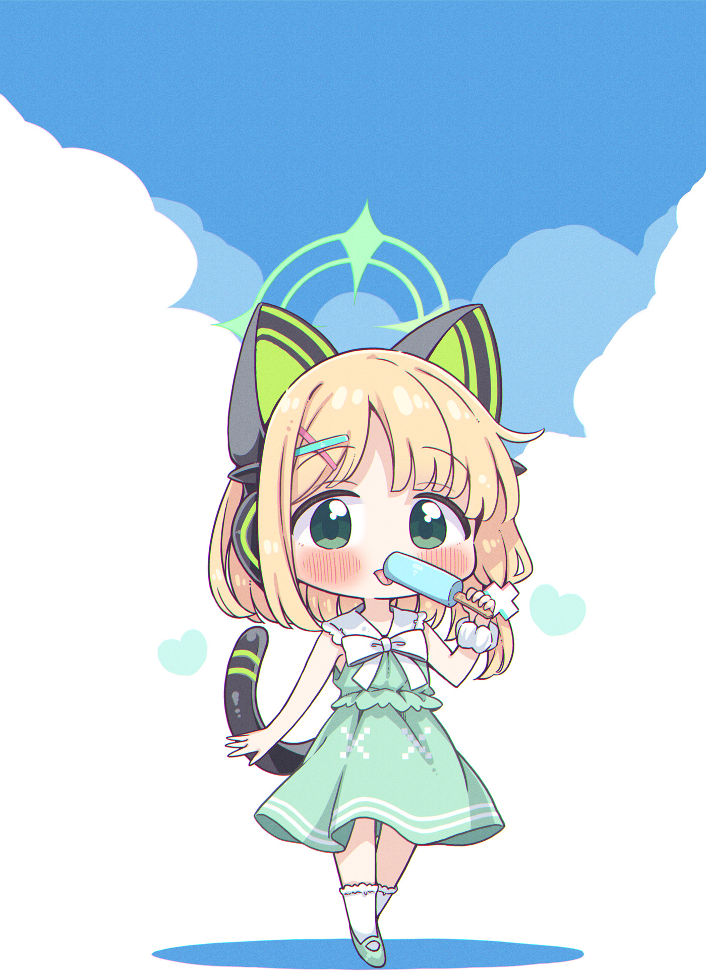 takahero, midori (blue archive), blue archive, commentary request, highres, 1girl, animal ear headphones, animal ears, blonde hair, blush, bow, bowtie, cat ear headphones, cat ears, chibi, chibi only, chromatic aberration, colored shadow, dress, fake animal ears, food, frilled dress, frills, full body, green dress, green eyes, green halo, green shoes, hair ornament, hairclip, halo, headphones, heart, holding, holding food, holding popsicle, holding stick, licking, looking at viewer, low-tied sidelocks, medium hair, official alternate costume, parted bangs, popsicle, popsicle stick, sailor collar, sailor dress, scrunchie, shadow, shoes, sidelocks, sleeveless, sleeveless dress, socks, solo, standing, stick, tail raised, tongue, tongue out, white bow, white bowtie, white sailor collar, white scrunchie, white socks, wrist scrunchie, x hair ornament