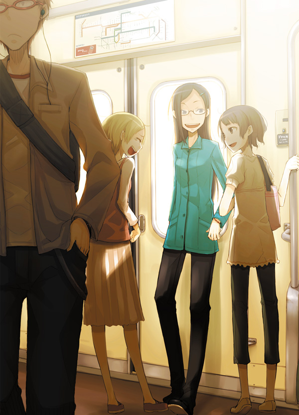 ayakura juu, light, 1boy, 3girls, bag, casual, glasses, laughing, long hair, multiple girls, short hair, skirt, train, train interior