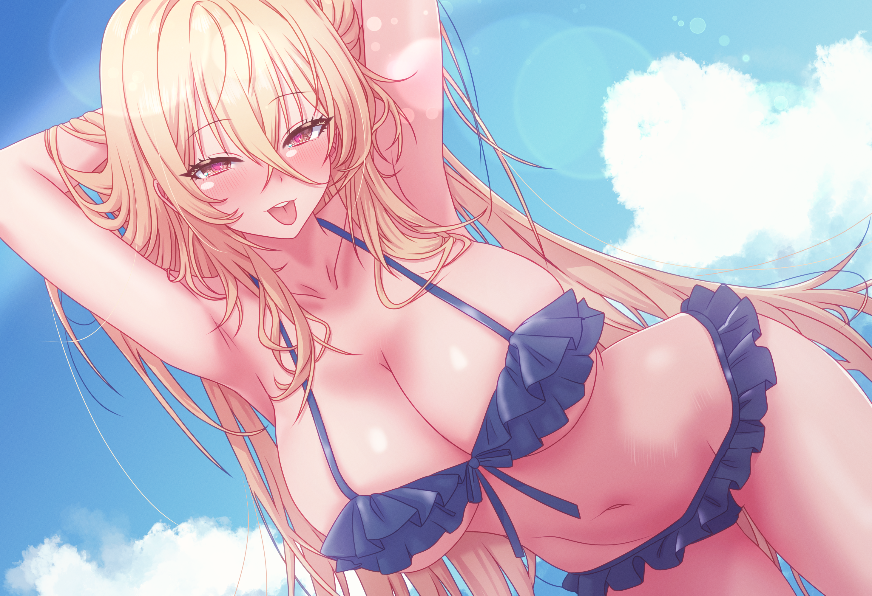 arbiter1, implacable (azur lane), azur lane, highres, 1girl, alternate costume, armpits, arms behind head, bikini, blonde hair, breasts, cleavage, collarbone, crossed bangs, frilled bikini, frills, hair between eyes, hands in own hair, heart, heart-shaped pupils, large breasts, long bangs, long hair, long hair between eyes, looking at viewer, smile, solo, swimsuit, symbol-shaped pupils, tongue, tongue out