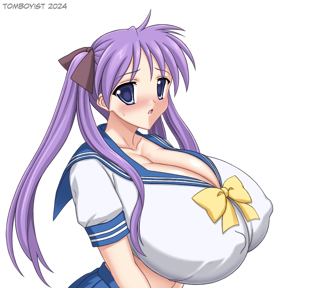 tomboyist, hiiragi kagami, lucky star, blue eyes, breasts, embarrassed, huge breasts, purple hair, school uniform, white background