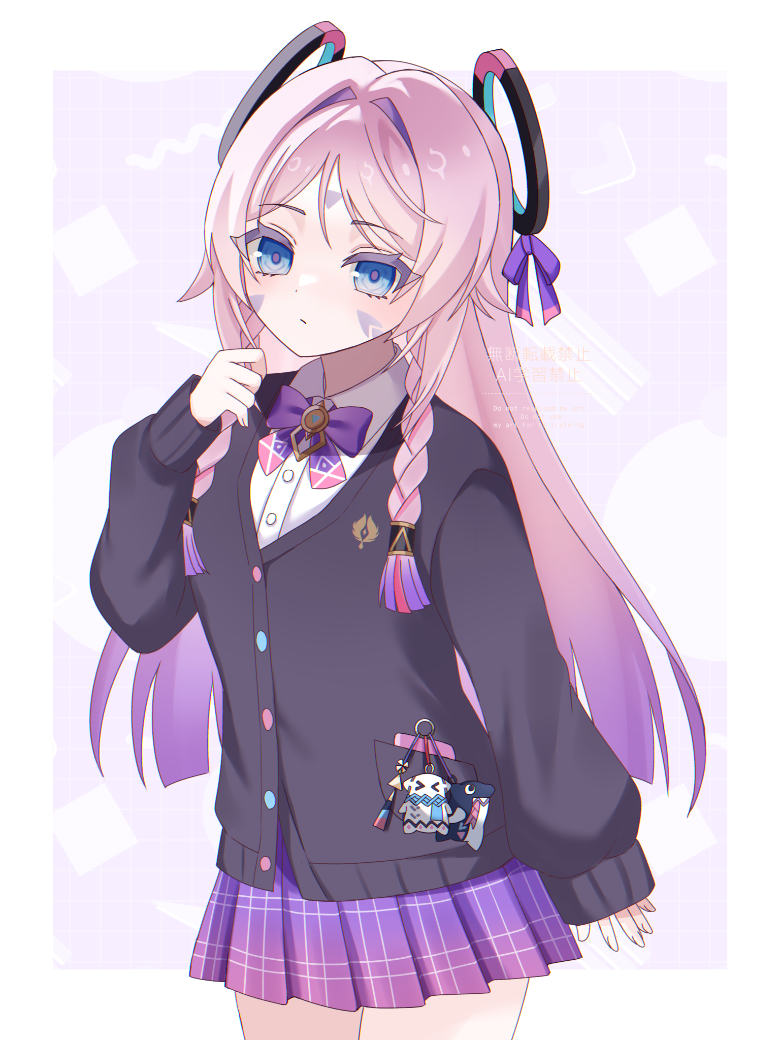 kino (curry pan), citlali (genshin impact), citlalin (genshin impact), itzpapa (genshin impact), genshin impact, commentary request, highres, md5 mismatch, 1girl, alternate costume, black cardigan, blue eyes, border, bow, bowtie, braid, cardigan, closed mouth, cowboy shot, facial mark, fingerless gloves, floating headgear, forehead mark, gloves, hand up, headgear, long hair, looking at viewer, multicolored hair, pink hair, pink pupils, pleated skirt, purple bow, purple bowtie, purple hair, purple skirt, shirt, skirt, solo, triangle, triangle facial mark, twin braids, very long hair, white border, white shirt