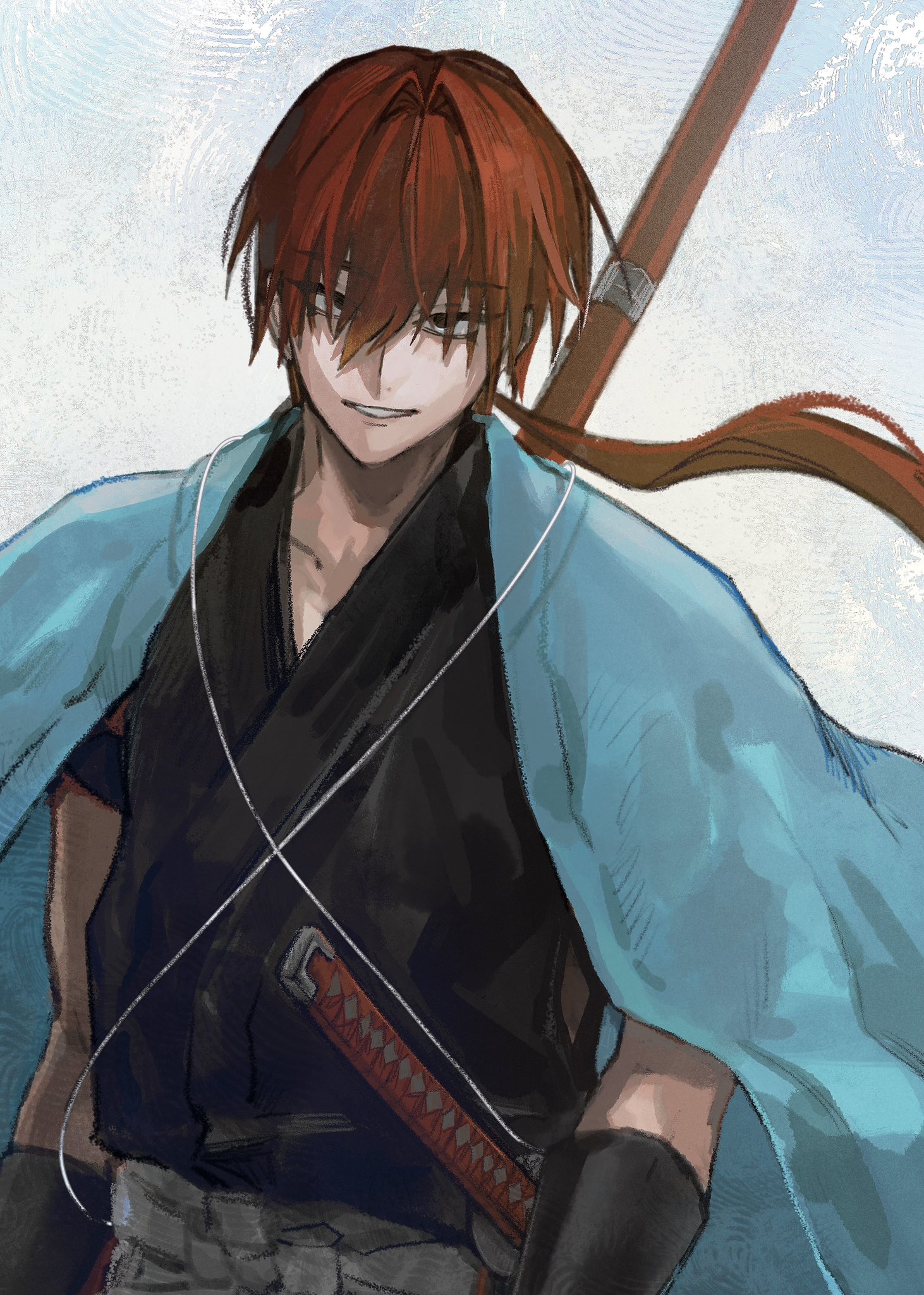 umeboitarou, fate/grand order, fate (series), highres, 1boy, blue haori, clothes around waist, haori, haori on shoulders, harada sanosuke (fate), holding, holding polearm, holding weapon, jacket, jacket around waist, japanese clothes, male focus, polearm, red hair, shinsengumi (fate), solo, weapon