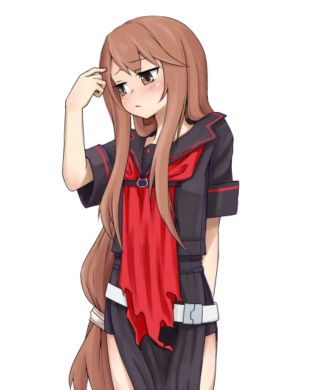 jaco, ookami ryouko, ookami-san, commentary request, 1girl, adjusting hair, arm behind back, averting eyes, belt, black sailor collar, black serafuku, black skirt, blush, brown eyes, brown hair, closed mouth, cowboy shot, embarrassed, hand up, head tilt, long hair, looking to the side, low-tied long hair, neckerchief, parted bangs, raised inner eyebrows, red neckerchief, sailor collar, school uniform, serafuku, short sleeves, side slit, sidelocks, sideways glance, simple background, skirt, solo, standing, torn clothes, torn neckerchief, very long hair, white background, white belt