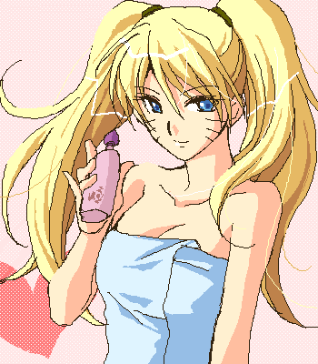 naruko (naruto), uzumaki naruto, naruto (classic), naruto (series), artist request, lowres, 1girl, bare arms, bare shoulders, blonde hair, blue eyes, bottle, breasts, cleavage, closed mouth, collarbone, facial mark, facing viewer, female focus, genderswap, genderswap (mtf), hair tie, hand up, happy, heart, holding, holding bottle, large breasts, long hair, looking at viewer, naked towel, pink background, sexy no jutsu, simple background, smile, solo, towel, twintails, upper body, whisker markings, whiskers