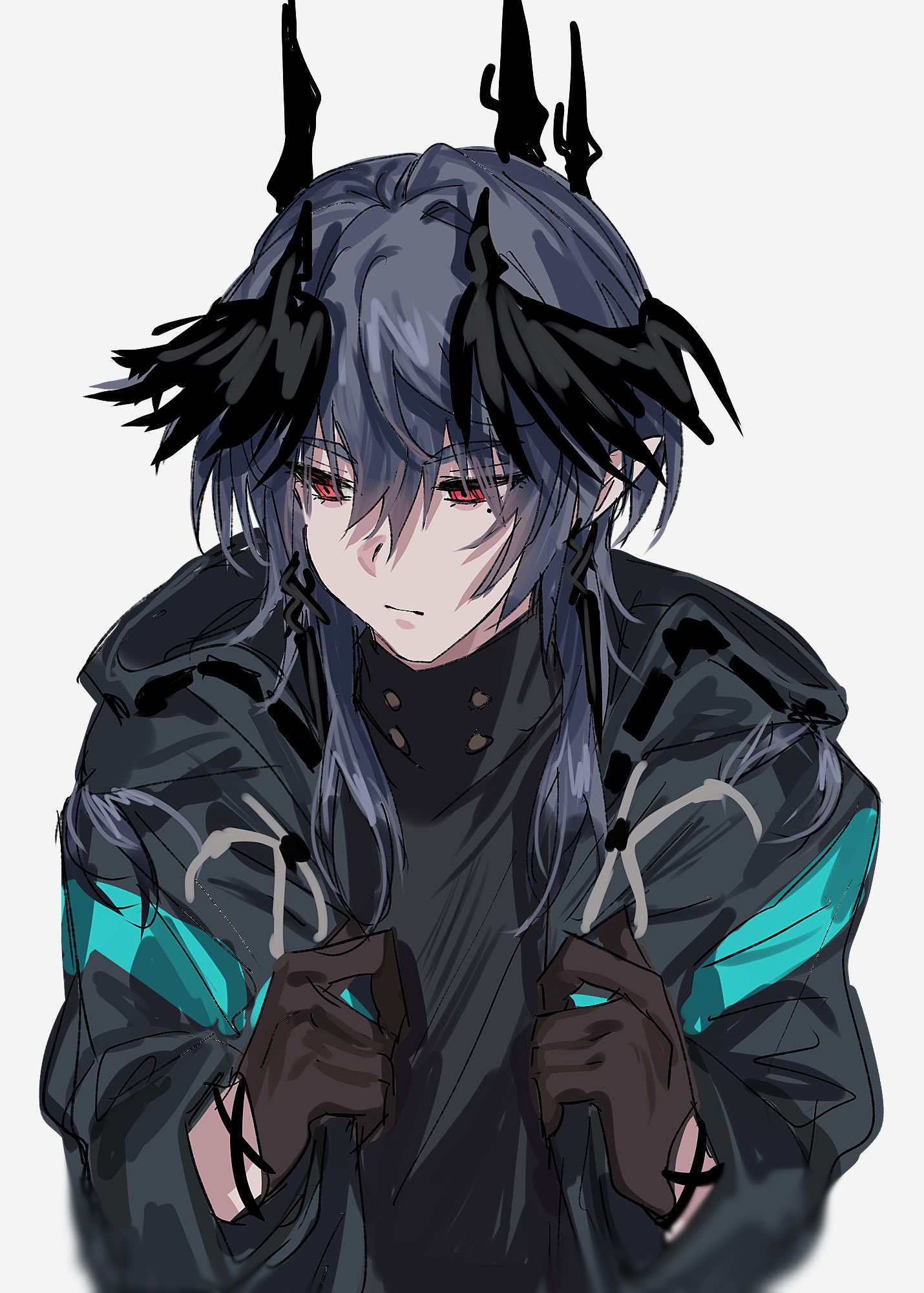 aogisa, doctor (arknights), logos (arknights), arknights, commentary, highres, 1boy, alternate costume, black gloves, black hair, black horns, black jacket, black shirt, black wings, borrowed clothes, buttons, closed mouth, clothes grab, cosplay, demon boy, demon horns, demon wings, doctor (arknights) (cosplay), double-breasted, earrings, expressionless, feathered wings, gloves, grey background, hair between eyes, hands up, head wings, hood, hood down, hooded jacket, horns, jacket, jewelry, looking at viewer, male focus, mole, mole under eye, open clothes, open jacket, pointy ears, red eyes, shirt, sidelocks, simple background, solo, turning head, turtleneck, turtleneck shirt, upper body, wings