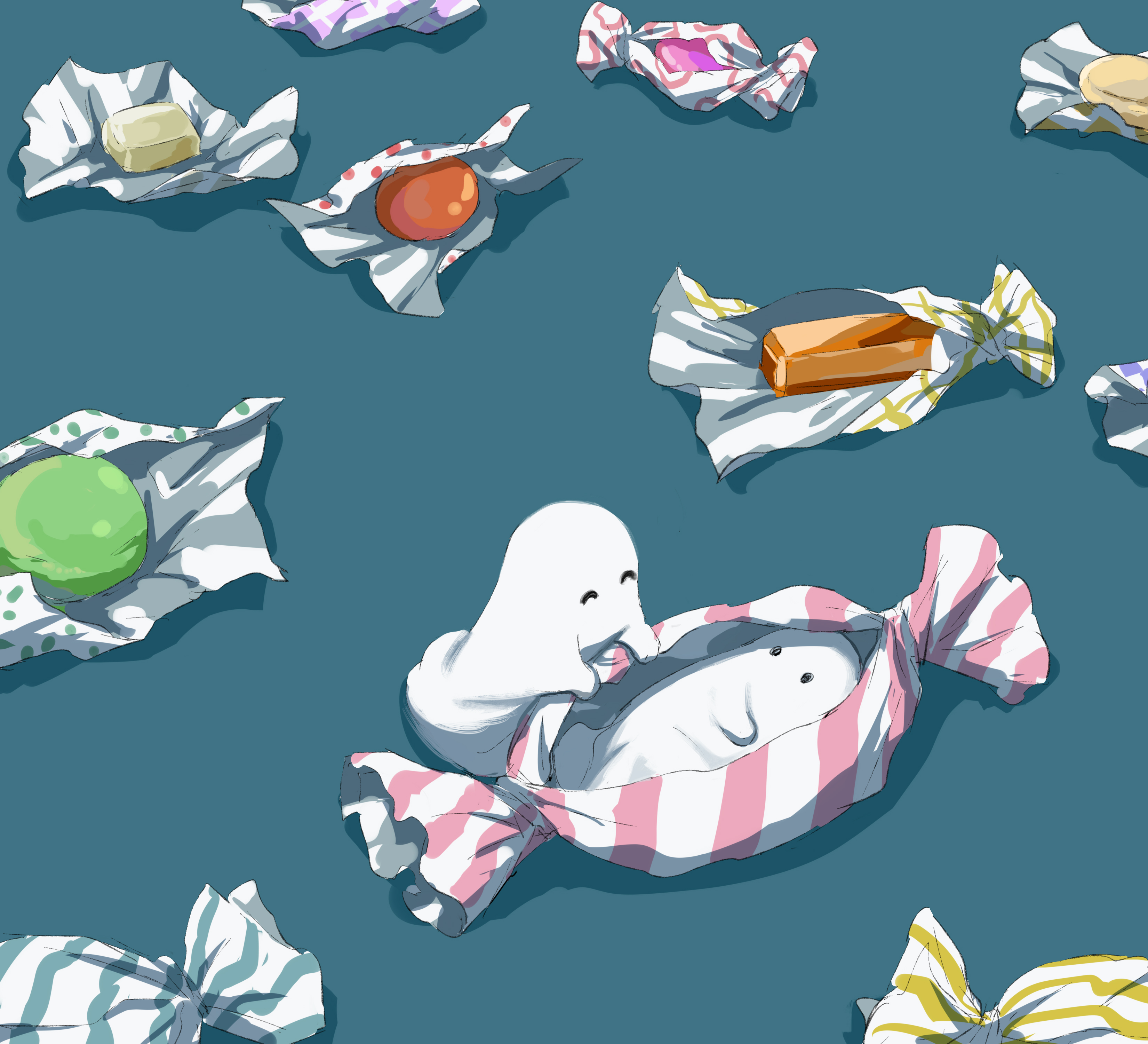 avogado6, original, absurdres, commentary, highres, 2others, ^ ^, blue background, candy, candy wrapper, closed eyes, food, from above, full body, ghost, hide and seek, looking at another, lying, mini person, multiple others, on back, other focus, playing, shadow, sheet ghost, simple background, standing