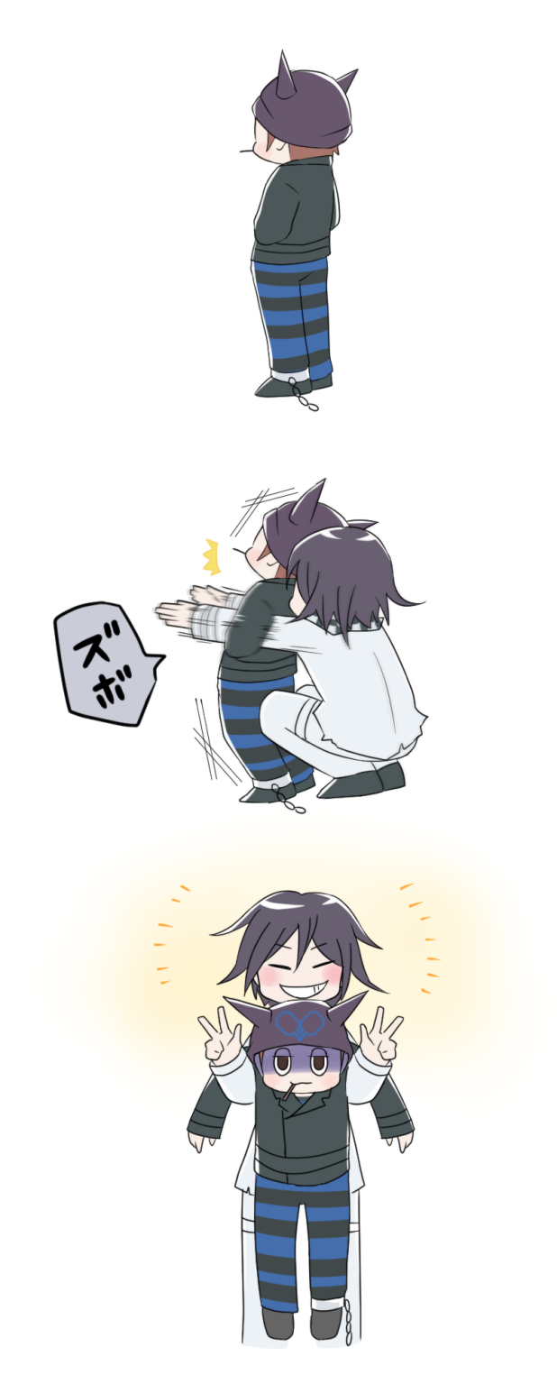 hoshi ryoma, oma kokichi, danganronpa (series), danganronpa v3: killing harmony, commentary request, highres, translation request, 2boys, :3, ^^^, ^ ^, beanie, belt, black belt, black eyes, black hat, black jacket, black pants, black sclera, black shoes, blue pants, blush stickers, brown hair, checkered clothes, checkered scarf, cigarette, closed eyes, closed mouth, collared jacket, colored sclera, cuffs, denim, double v, dress shoes, fake horns, false smile, from behind, grin, hair between eyes, half-closed eyes, hands in pockets, happy, hat, height difference, holding, holding cigarette, horned headwear, horns, jacket, jeans, lapels, layered sleeves, leather, leather jacket, long sleeves, male focus, motion blur, motion lines, mouth hold, multiple boys, notched lapels, notice lines, pants, purple hair, r'l (arul-erur-plant-403), scarf, sequential, shackles, shaded face, shoes, short hair, short male, simple background, single ankle cuff, smile, speech bubble, squatting, standing, striped clothes, striped pants, thigh belt, thigh strap, torn clothes, torn jeans, torn pants, two-tone pants, two-tone scarf, unamused, v, white background, white belt, white jacket, white pants, white scarf