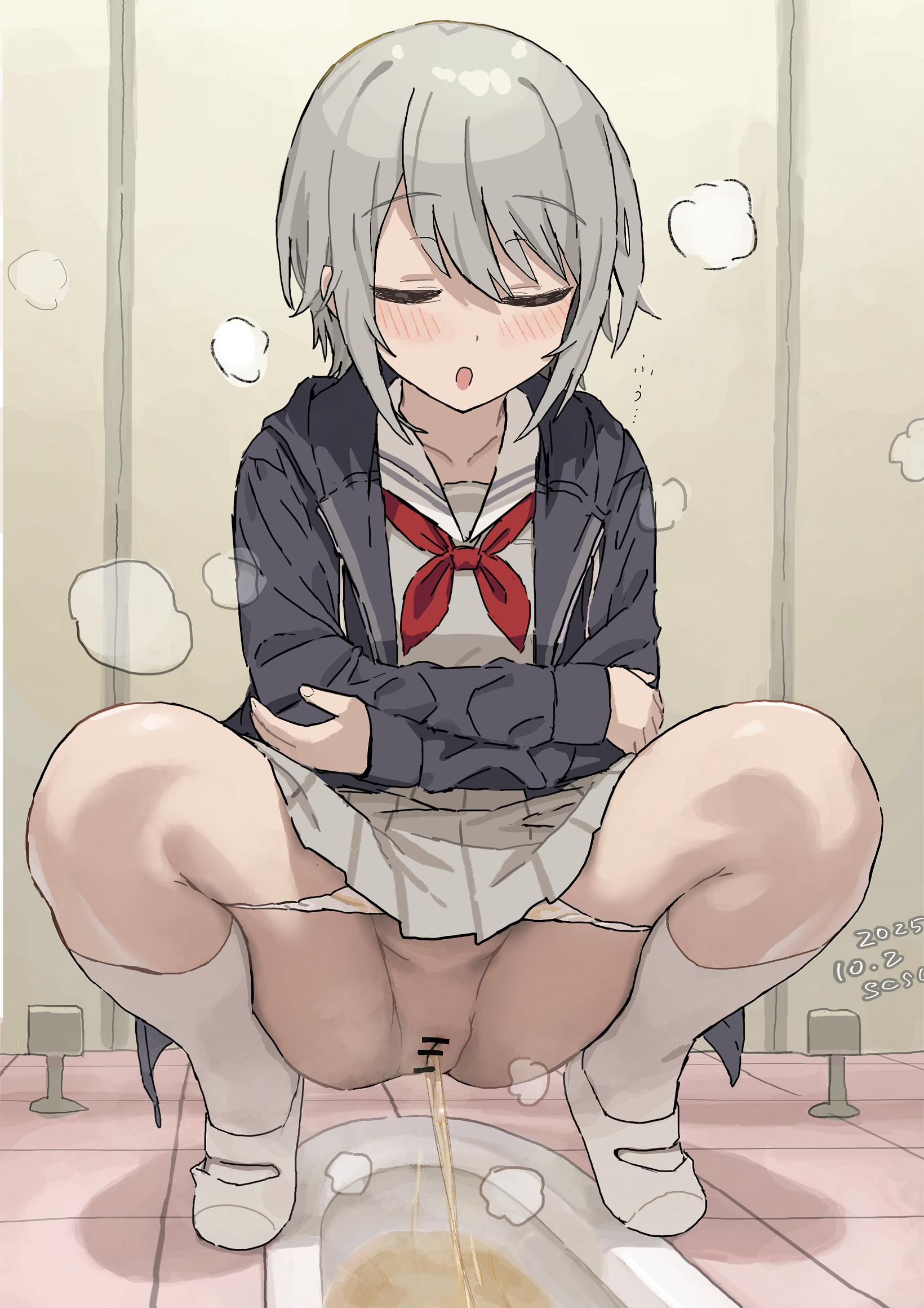 susu (ysy), hinomori shiho, project sekai, commentary request, highres, variant set, 1girl, artist name, bar censor, black jacket, blush, censored, cleft of venus, closed mouth, dated, full body, grey hair, grey serafuku, grey shirt, grey skirt, hood, hooded jacket, indoors, jacket, long sleeves, neckerchief, open clothes, open jacket, open mouth, panties, panty pull, pee, peeing, pleated skirt, pussy, red neckerchief, sailor collar, school uniform, serafuku, shirt, shoes, short hair, sketch, skirt, socks, solo, squat toilet, squatting, steam, toilet use, underwear, uwabaki, white panties, white sailor collar, white shoes, white socks
