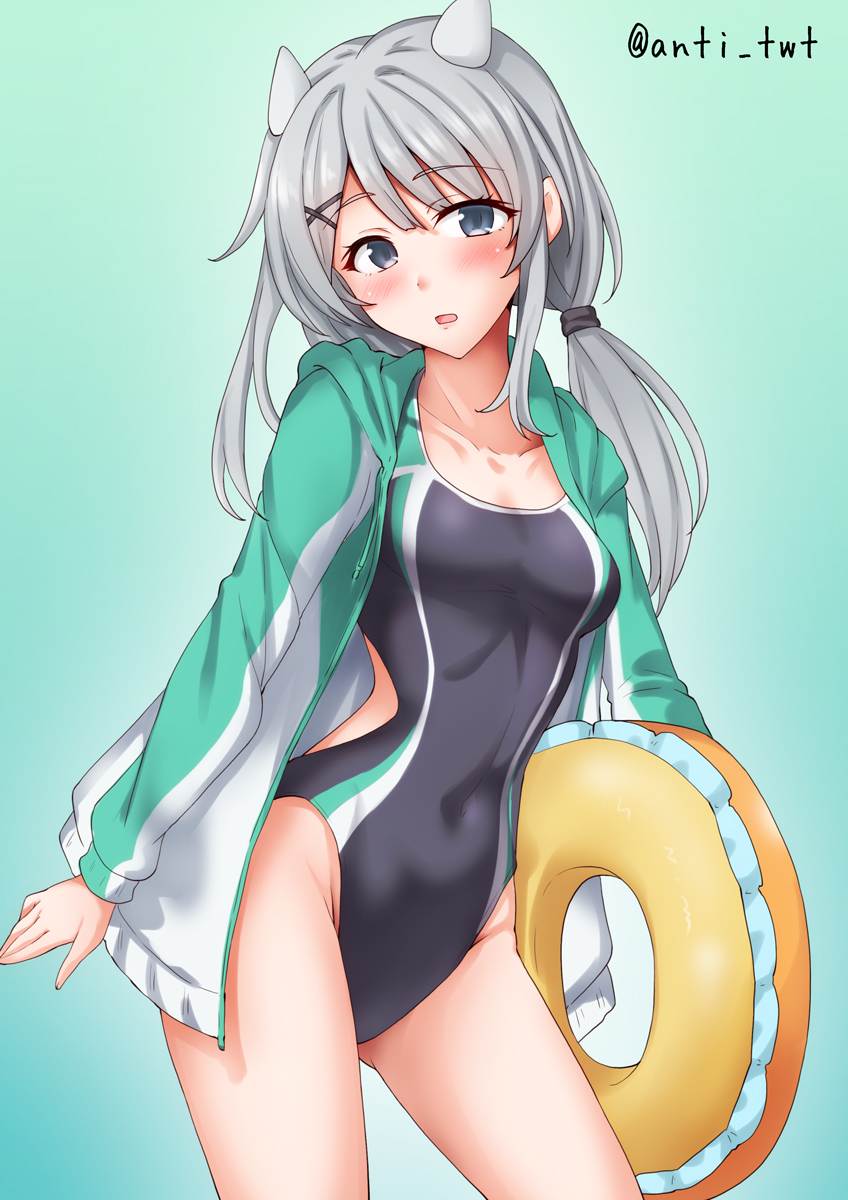 anti (untea9), i-201 (kancolle), kantai collection, highres, 1girl, black one-piece swimsuit, breasts, competition swimsuit, cowboy shot, fake horns, green background, green jacket, grey eyes, grey hair, hair ornament, holding, holding swim ring, horned headwear, horns, innertube, jacket, long hair, looking at viewer, one-piece swimsuit, solo, swim ring, swimsuit, twitter username, two-tone swimsuit, x hair ornament