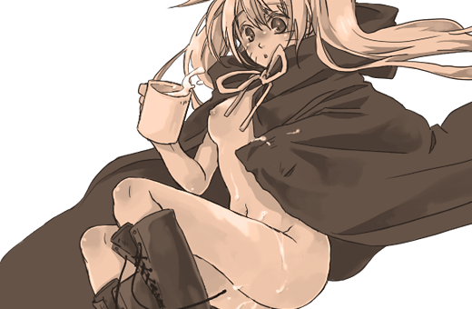 naruko (naruto), uzumaki naruto, naruto (classic), naruto (series), artist request, 1girl, blush, boots, breasts, breasts apart, cape, cloak, cup, facial mark, female focus, floating hair, functionally nude, genderswap, genderswap (mtf), hand up, holding, holding cup, legs up, long hair, looking down, medium breasts, monochrome, mug, naked cape, naked cloak, navel, nipples, nude, parted lips, ribbon, sexy no jutsu, simple background, solo, spilling, surprised, twintails, whisker markings, whiskers, white background