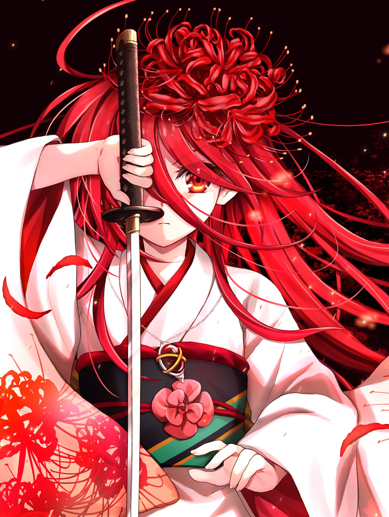 tachitsu teto, shana, shakugan no shana, commentary request, highres, 1girl, alternate costume, arm up, closed mouth, flower, hair flower, hair ornament, holding, holding sword, holding weapon, japanese clothes, katana, kimono, long hair, long sleeves, looking at viewer, obi, petals, red eyes, red flower, red hair, sash, solo, spider lily, sword, v-shaped eyebrows, very long hair, weapon, white kimono, wide sleeves