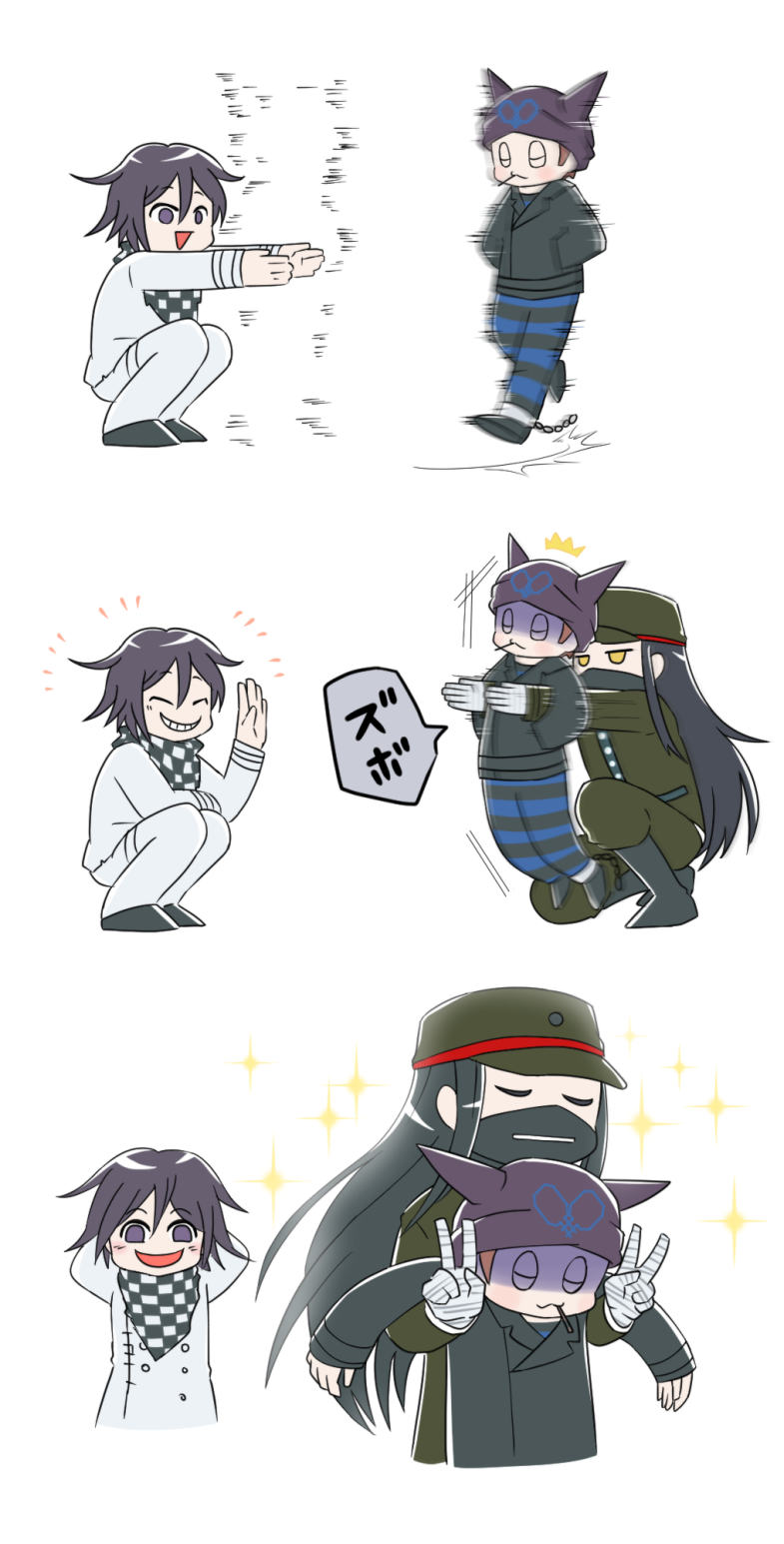 hoshi ryoma, oma kokichi, shinguji korekiyo, danganronpa (series), danganronpa v3: killing harmony, commentary request, highres, translation request, 3boys, ^^^, arm belt, arms behind head, bandaged hand, bandages, beanie, belt, black belt, black boots, black hair, black hat, black jacket, black mask, black pants, black sclera, black shoes, blue pants, blush stickers, boots, brown hair, buttons, checkered clothes, checkered scarf, cigarette, closed eyes, closed mouth, collared jacket, colored sclera, covered mouth, cuffs, disappearance outline, double-breasted, double v, dress shoes, fake horns, false smile, flash step, full body, gakuran, green hat, green jacket, green pants, grin, hair between eyes, hand up, hands in pockets, happy, hat, height difference, horned headwear, horns, jacket, knee boots, lapels, leather, leather jacket, long hair, long sidelocks, long sleeves, looking at another, male focus, mask, motion blur, motion lines, mouth hold, mouth mask, multiple belts, multiple boys, notched lapels, notice lines, open mouth, pants, peaked cap, pocket, print headwear, purple eyes, purple hair, r'l (arul-erur-plant-403), scarf, school uniform, sequential, shackles, shaded face, shoes, short hair, short male, sidelocks, simple background, single ankle cuff, smile, sparkle, speech bubble, squatting, striped clothes, striped pants, thigh belt, thigh strap, two-tone pants, two-tone scarf, unamused, v, very long hair, white background, white belt, white jacket, white pants, white scarf, yellow eyes, zipper