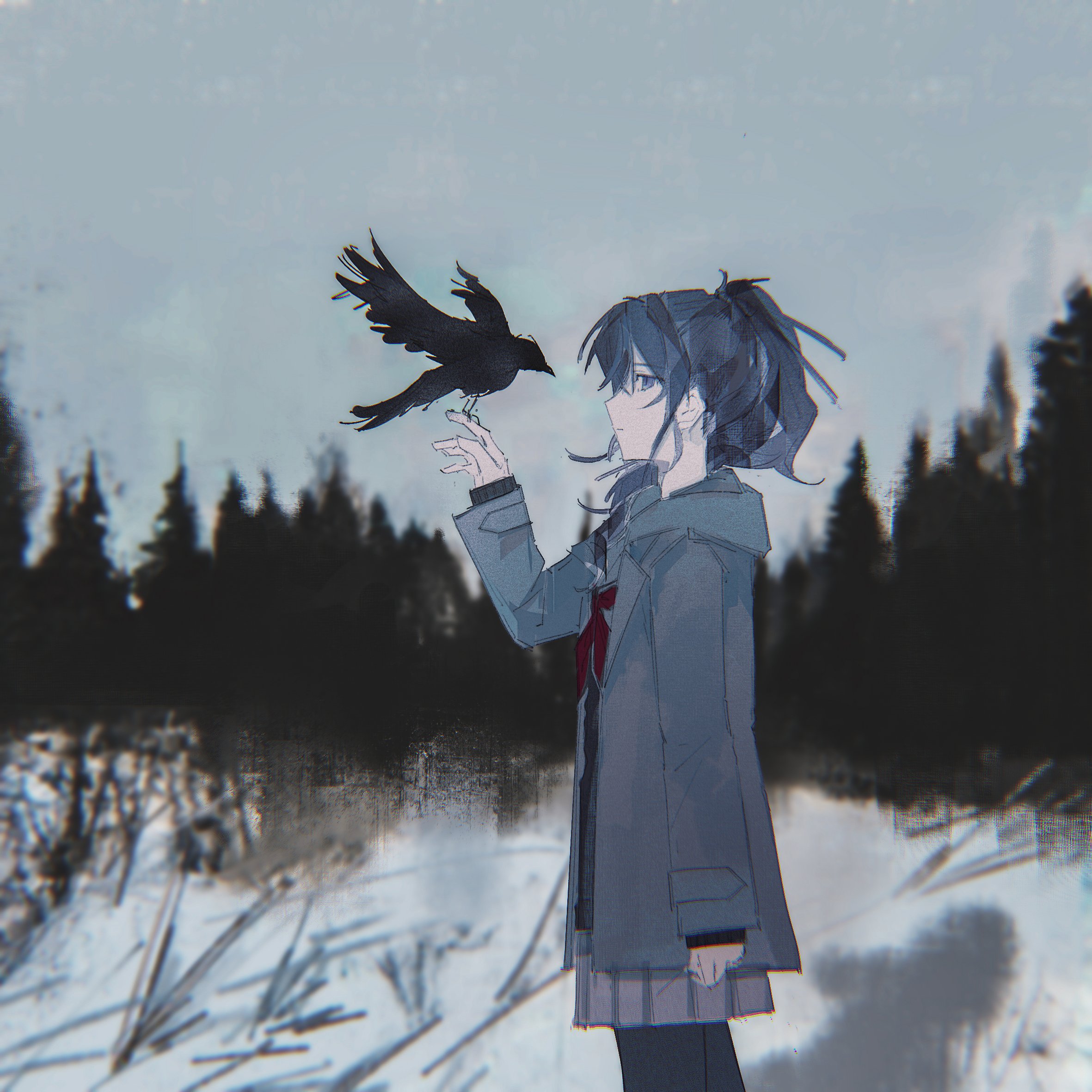 yakumokon, asahina mafuyu, project sekai, highres, 1girl, arm at side, bird, bird on hand, black bird, black pantyhose, blue hair, blurry, blurry background, brush stroke, closed mouth, cowboy shot, crow, day, forest, from side, grey jacket, grey skirt, grey sky, hand up, high ponytail, hood, hood down, hooded jacket, jacket, long hair, long sleeves, looking at animal, nature, neckerchief, open clothes, open jacket, outdoors, painterly, pantyhose, pine tree, pleated skirt, ponytail, profile, purple eyes, red neckerchief, school uniform, shadow, sidelocks, skirt, sky, snow, solo, standing, tree, winter