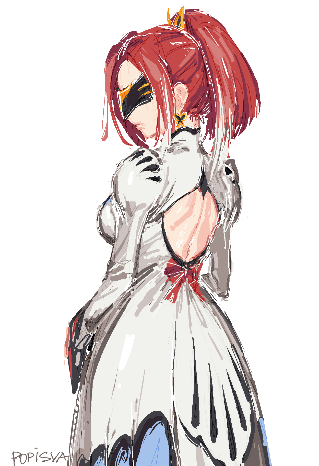 popisya, seres (tales), tales of (series), tales of berseria, highres, self-upload, 1girl, artist name, back, back cutout, backless dress, backless outfit, blindfold, breasts, closed mouth, clothing cutout, covered eyes, cowboy shot, dress, earrings, from behind, high ponytail, jewelry, juliet sleeves, long hair, long sleeves, looking back, mask, medium breasts, multicolored hair, ponytail, puffy sleeves, red hair, simple background, sketch, solo, white background, white dress