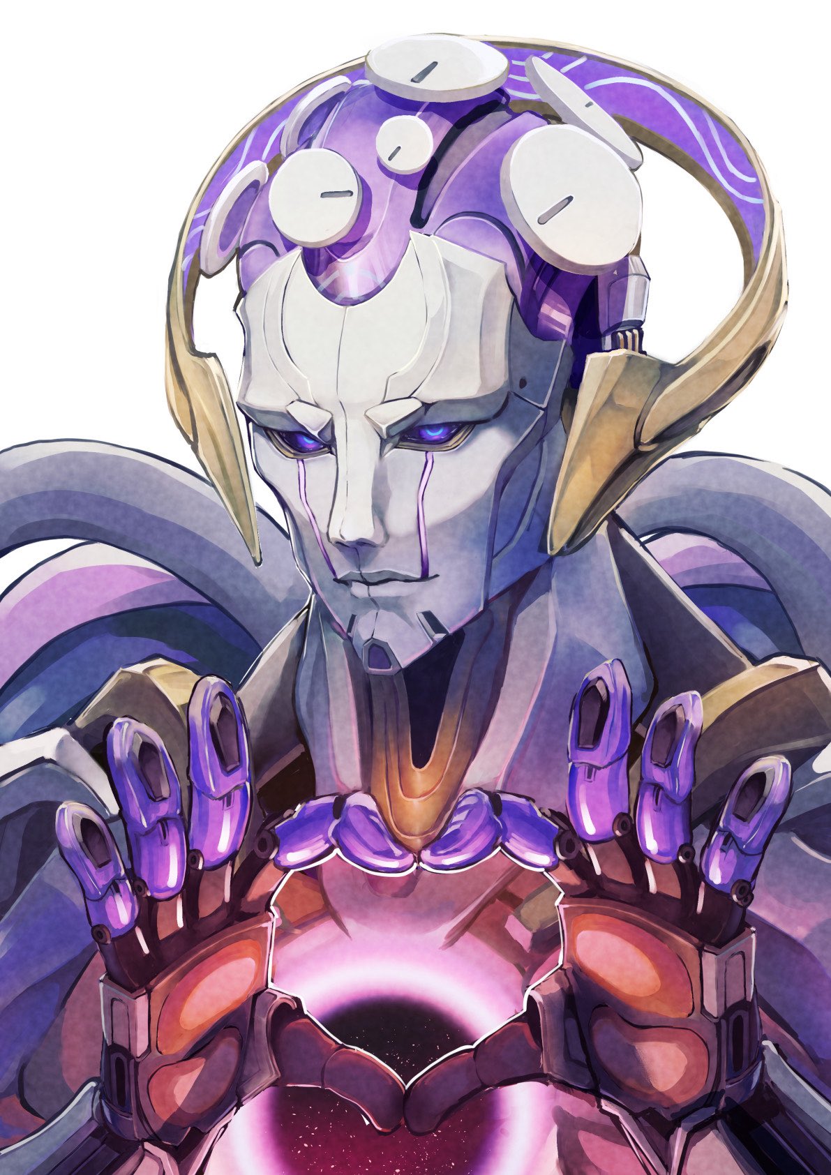 hinagi kei, lygus (honkai: star rail), honkai: star rail, honkai (series), highres, 1boy, heart, heart hands, hole in chest, hole on body, humanoid robot, joints, looking at viewer, male focus, purple eyes, robot, robot joints, solo