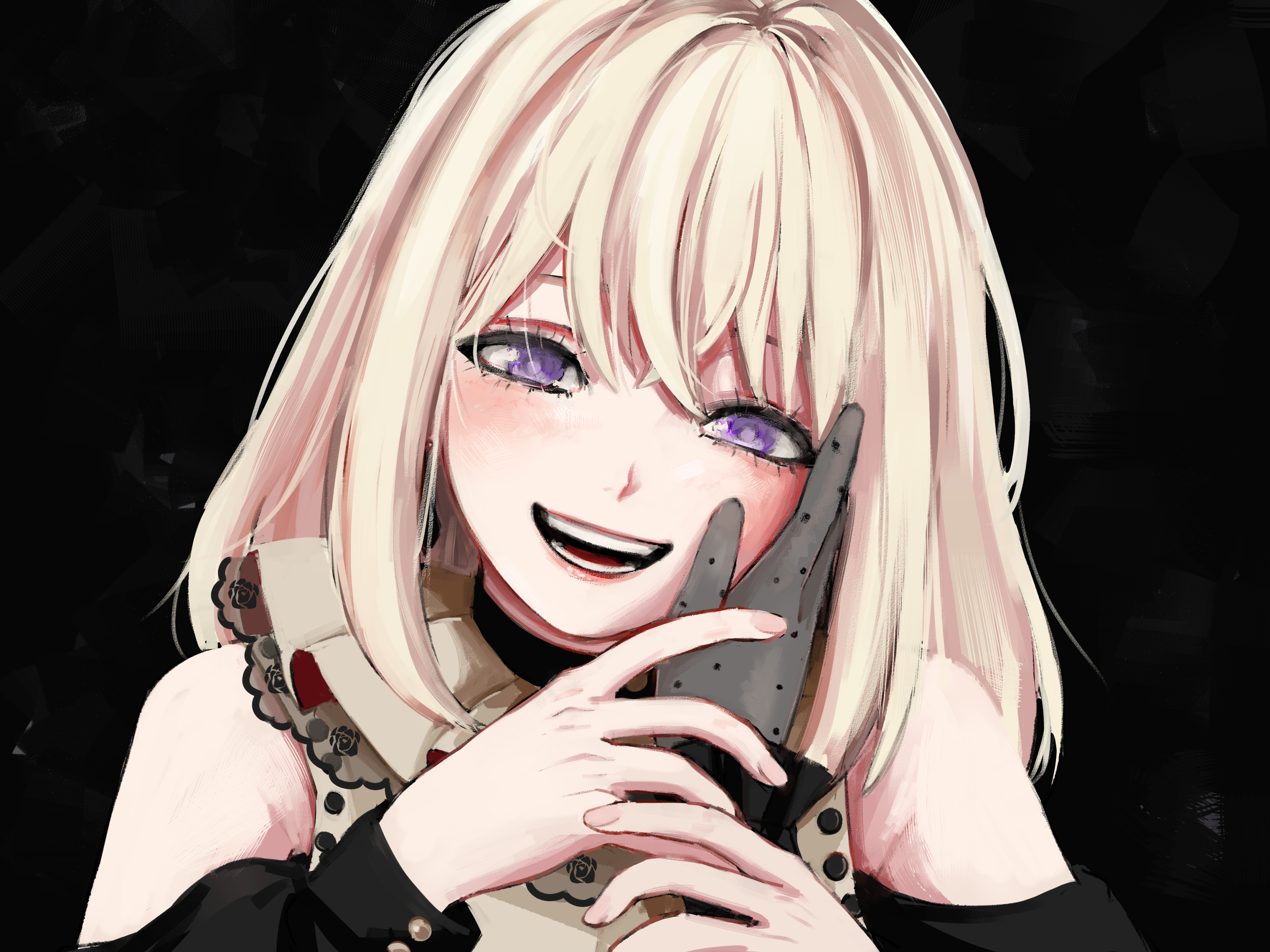 black-backed jackal (kemono friends), doloris (bang dream!), misumi uika, oblivionis (bang dream!), togawa sakiko, bang dream!, bang dream! it's mygo!!!!!, absurdres, commentary, hashtag-only commentary, highres, 2girls, blush, clothing cutout, female pov, gloves, grey gloves, hair between eyes, hand on another's cheek, hand on another's face, holding another's wrist, long sleeves, looking at viewer, miomujica, multiple girls, open mouth, pov, purple eyes, shoulder cutout, teeth, upper body, yuri