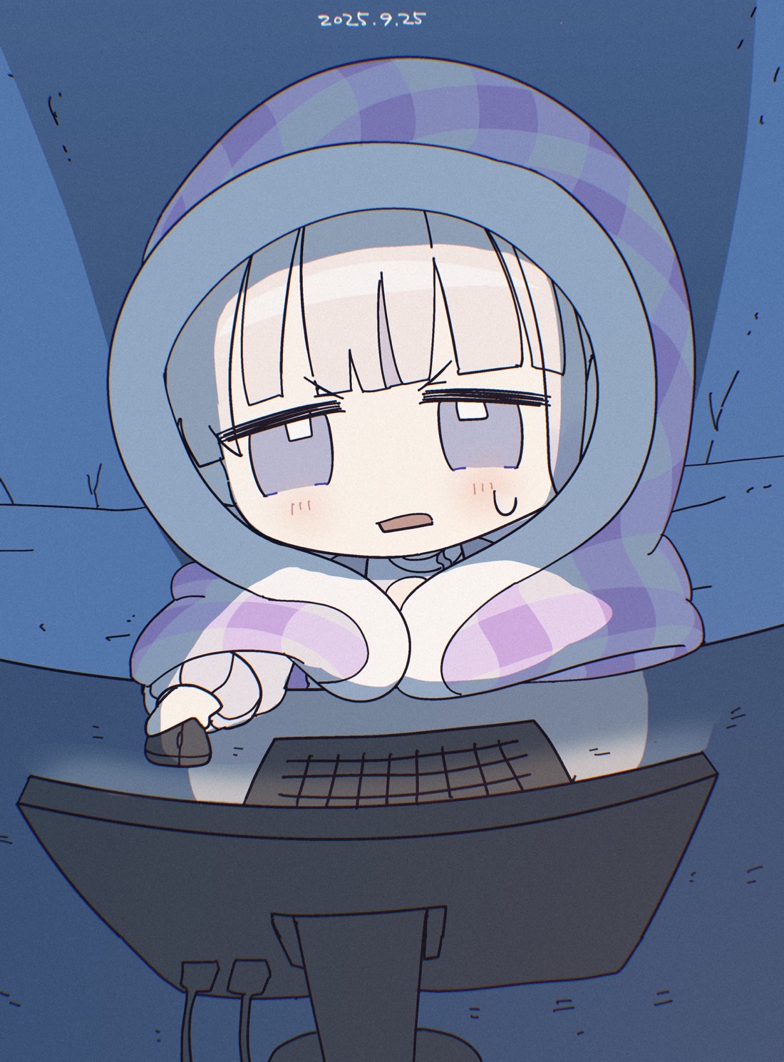 todoroki hajime, hololive, hololive dev is, commentary request, highres, 1girl, blanket, blunt bangs, chibi, computer, computer mouse, dated, desk, furrowed brow, grey hair, humi kaga, indoors, jitome, purple eyes, screen light, solo, sweat, virtual youtuber, wrapped in blanket
