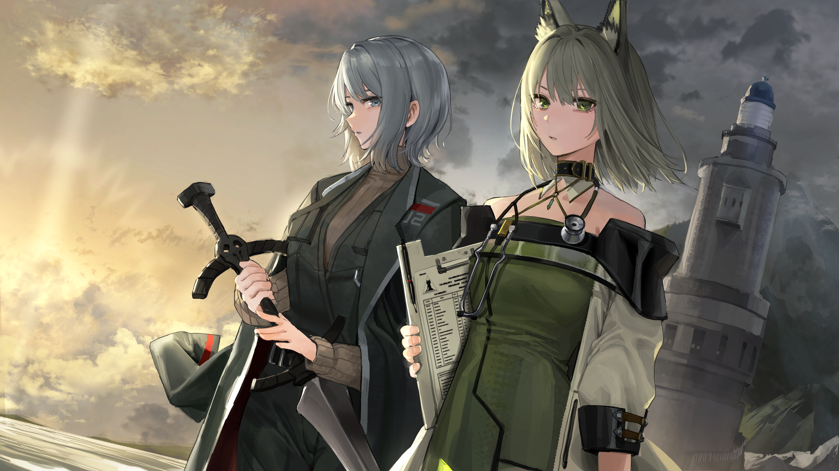 goback, faust (project moon), kal'tsit (arknights), arknights, limbus company, project moon, commentary, english commentary, highres, 2girls, animal ear fluff, animal ears, black jacket, cloud, crossover, dawn, dress, green dress, green eyes, green hair, grey eyes, grey hair, holding, holding sword, holding weapon, jacket, long sleeves, looking at viewer, multiple girls, parted lips, short hair, sky, standing, sword, weapon