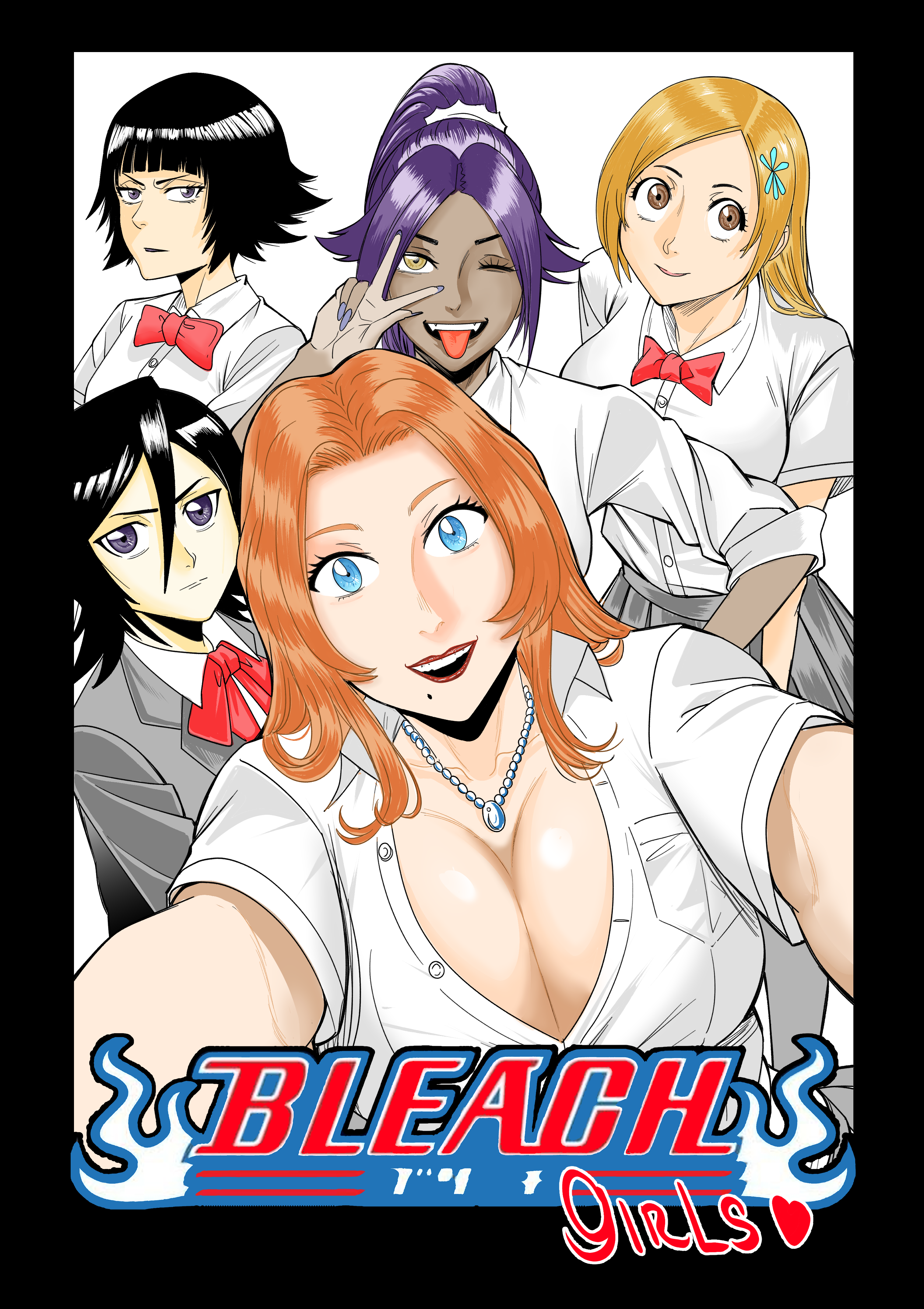mangastart, inoue orihime, kuchiki rukia, matsumoto rangiku, shihouin yoruichi, sui-feng, bleach, 5girls, black hair, blouse, blue eyes, breasts, brown eyes, copyright name, dark-skinned female, dark skin, hair ornament, hairclip, jewelry, karakura high school uniform, large breasts, long hair, medium hair, mole, mole under mouth, multiple girls, necklace, open mouth, orange hair, parted bangs, peace symbol, ponytail, purple hair, shirt, simple background, small breasts, tongue, tongue out, yellow eyes