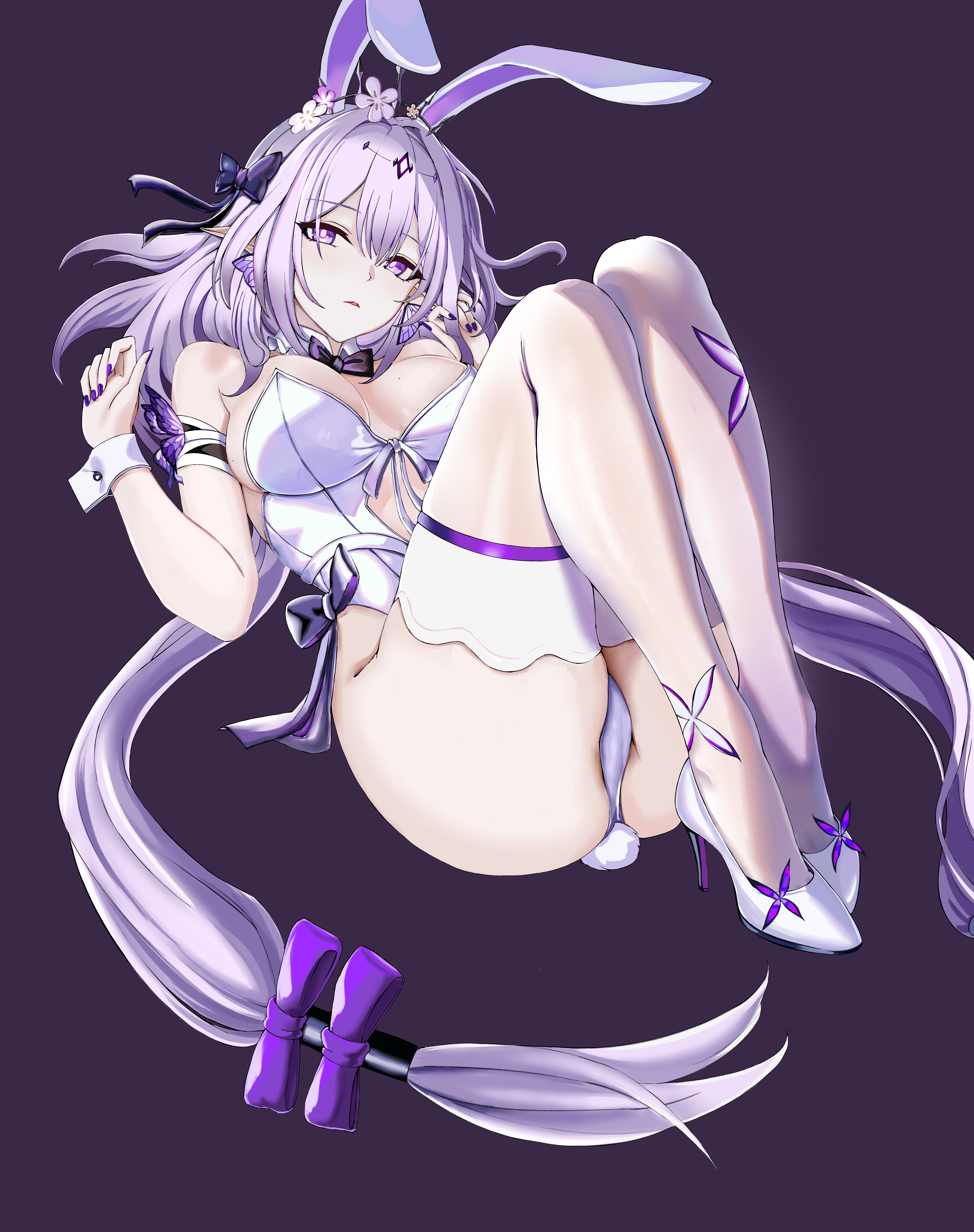 onoly, castorice (honkai: star rail), honkai: star rail, honkai (series), absurdres, highres, 1girl, breasts, cleavage, high heels, legs, long hair, looking at viewer, nail polish, playboy bunny, purple eyes, purple hair, simple background, solo, thighhighs, thighs