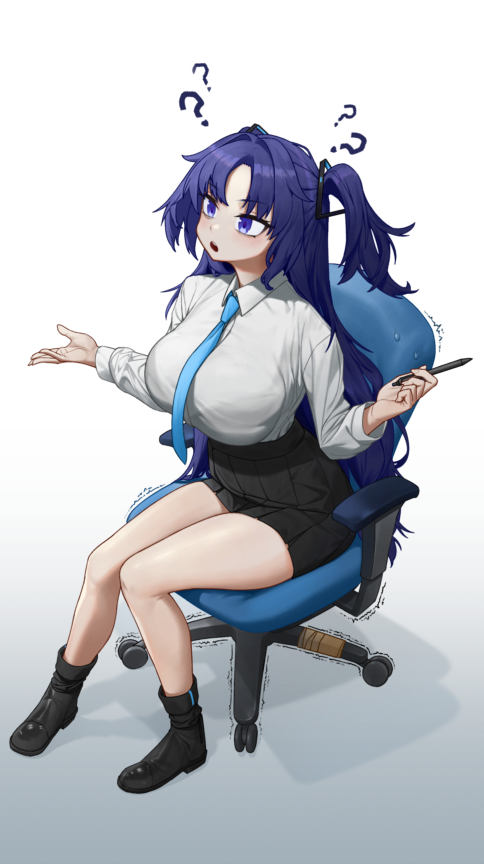onbawa, yuuka (blue archive), blue archive, absurdres, highres, 1girl, black halo, black skirt, blue necktie, bra visible through clothes, breasts, chair, full body, hair ornament, halo, holding, holding pen, large breasts, necktie, office chair, open mouth, pen, pleated skirt, purple hair, shirt, shirt tucked in, sitting, skirt, solo, swivel chair, triangle hair ornament, two side up, white background, white shirt