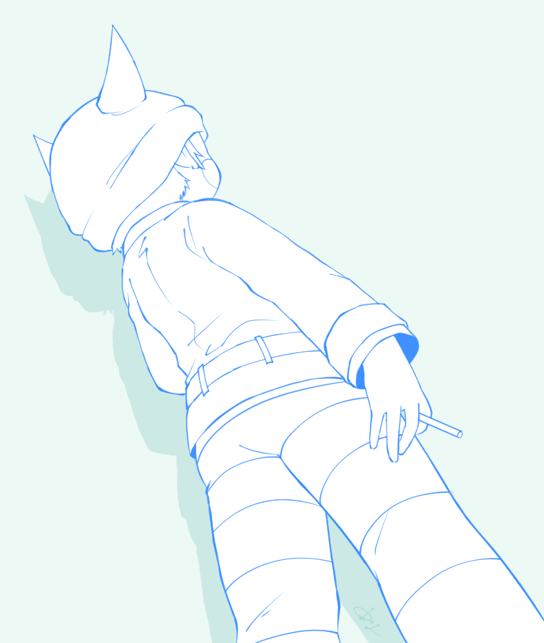 hoshi ryoma, danganronpa (series), danganronpa v3: killing harmony, 1boy, beanie, belt, between fingers, blue background, blue theme, blush stickers, cigarette, collared jacket, colored lineart, cowboy shot, fake horns, from behind, from below, hat, helmet, holding, holding cigarette, horned helmet, horns, jacket, leather, leather jacket, long sleeves, male focus, monochrome, pants, r'l (arul-erur-plant-403), shadow, short hair, simple background, sleeve cuffs, solo, striped clothes, striped pants
