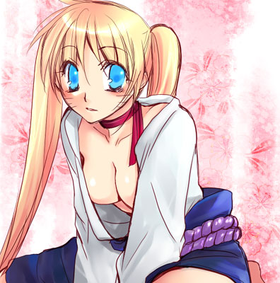 mako (omega plus), naruko (naruto), uchiha sasuke, uzumaki naruto, naruto (classic), naruto (series), lowres, 1girl, belt, blonde hair, blue eyes, blush, breasts, cleavage, collarbone, cosplay, facial mark, facing viewer, female focus, genderswap, genderswap (mtf), japanese clothes, kimono, long hair, long sleeves, looking at viewer, medium breasts, no bra, parted lips, red ribbon, ribbon, rope belt, sexy no jutsu, sitting, solo, twintails, uchiha sasuke (cosplay), whisker markings, whiskers