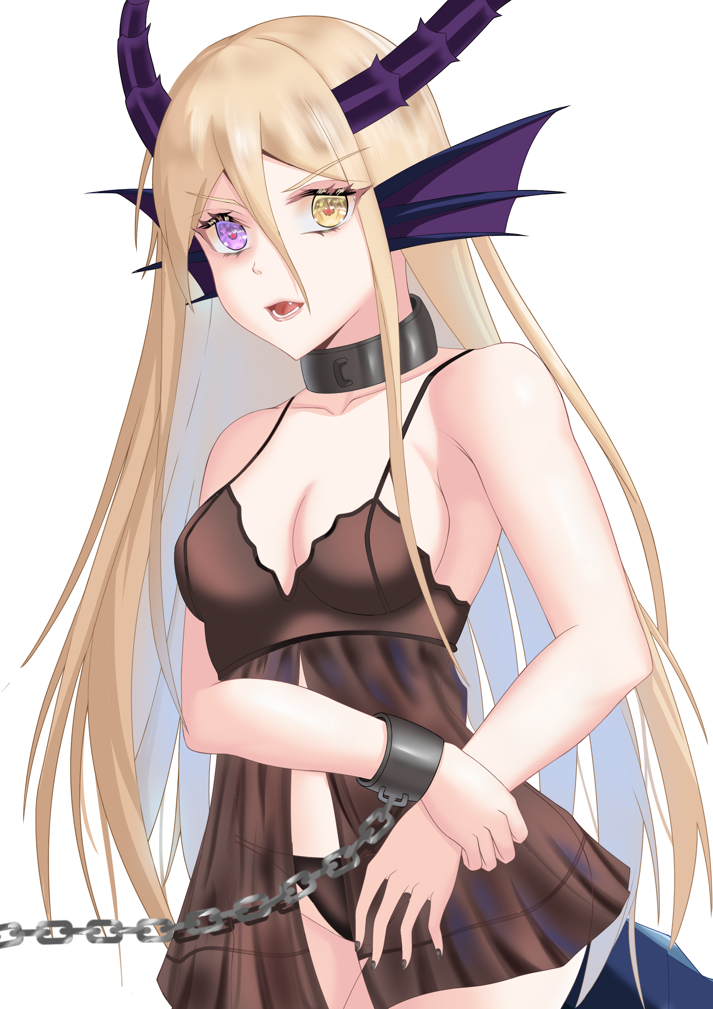 eclipse (njnr3787), puzzle & dragons, 1girl, babydoll, black babydoll, black panties, blonde hair, breasts, cleavage, dragon girl, heterochromia, panties, underwear